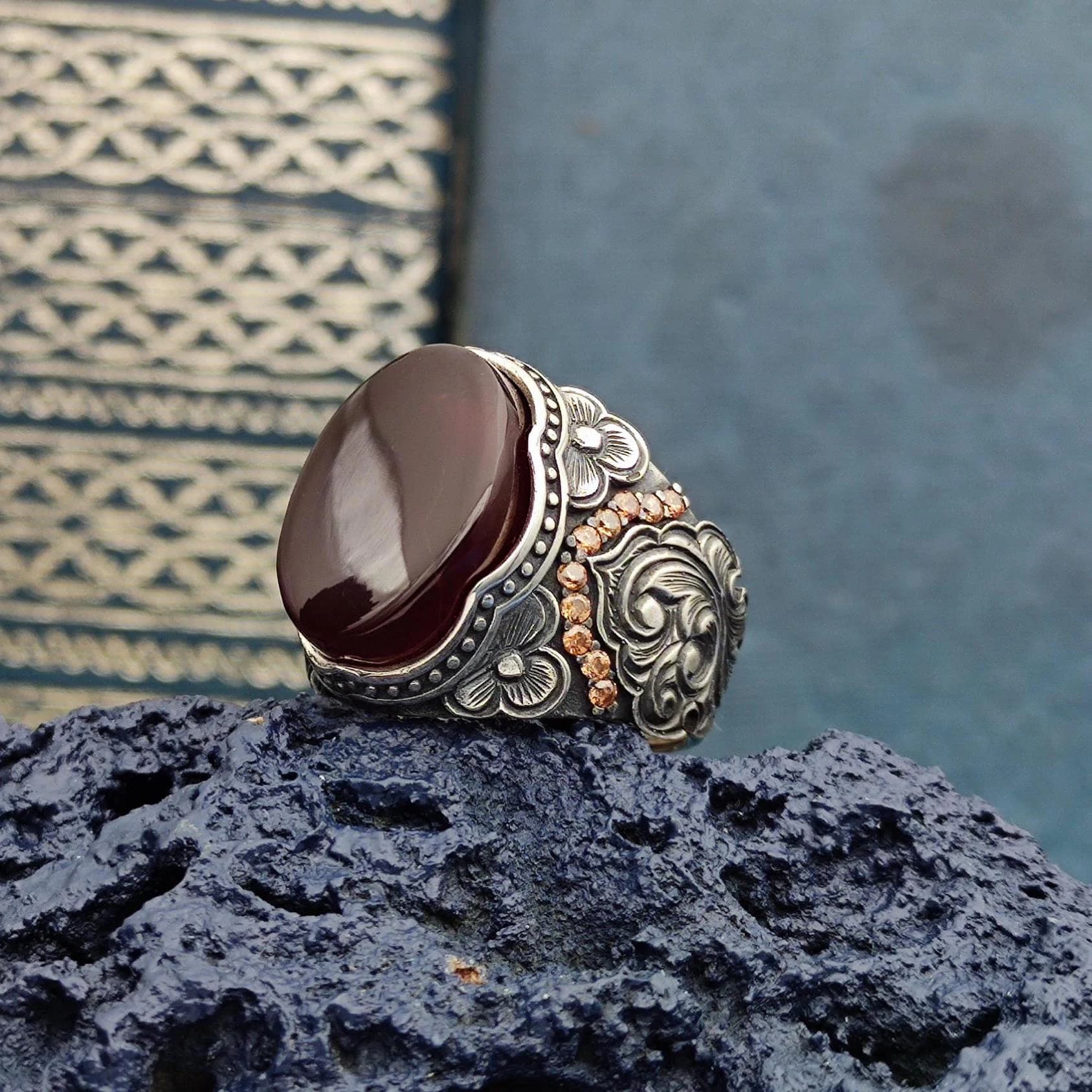 Handmade 925 Sterling Silver Ring with Red Khorasan Agate, Original Natural Agate Stone, Best Gift for Men, Unique Ring Gift, Gift for him