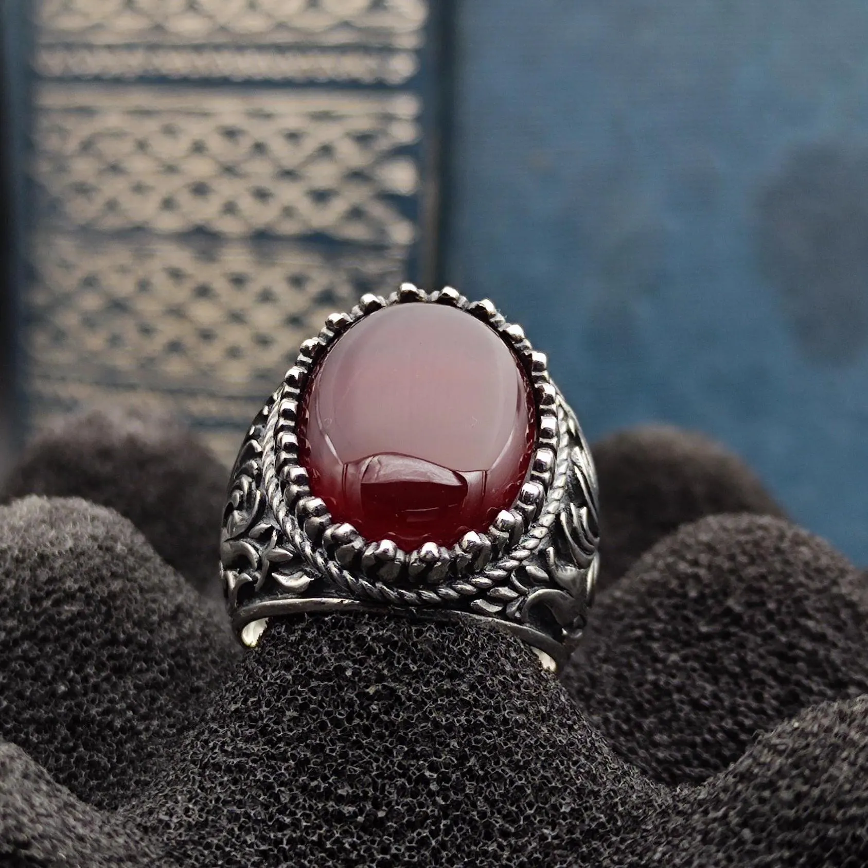 Handmade Agate Aqeeq Gemstone Silver Men Ring, Unique Statement Ring, 925 Sterling Silver Jewelry, Khorasan Agate