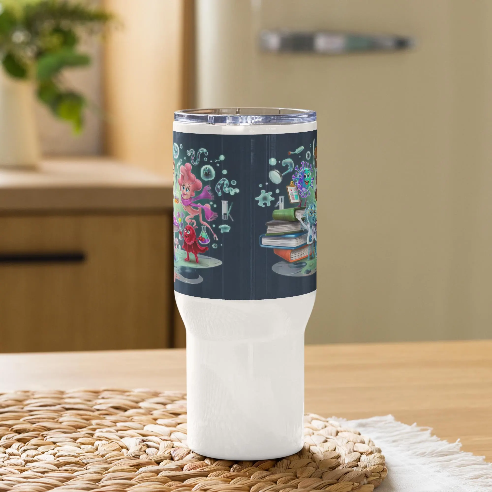 Whimsical Science Lab Travel Mug – 3D Cartoon Microorganism Design, Fun Gift for Scientists, Nurses, & Microbiology Enthusiasts