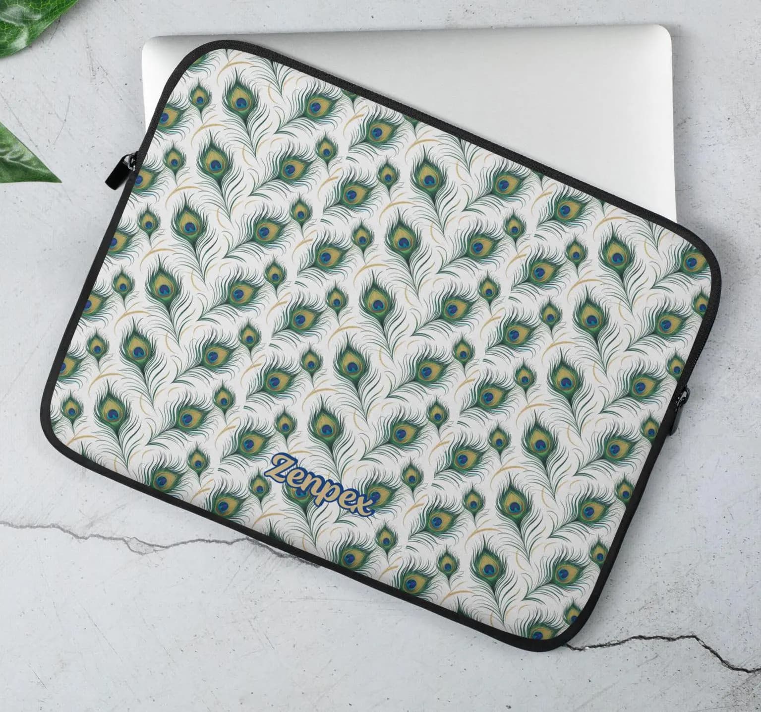 Peacock Feather Laptop Sleeve: Green, Blue & Gold Neoprene