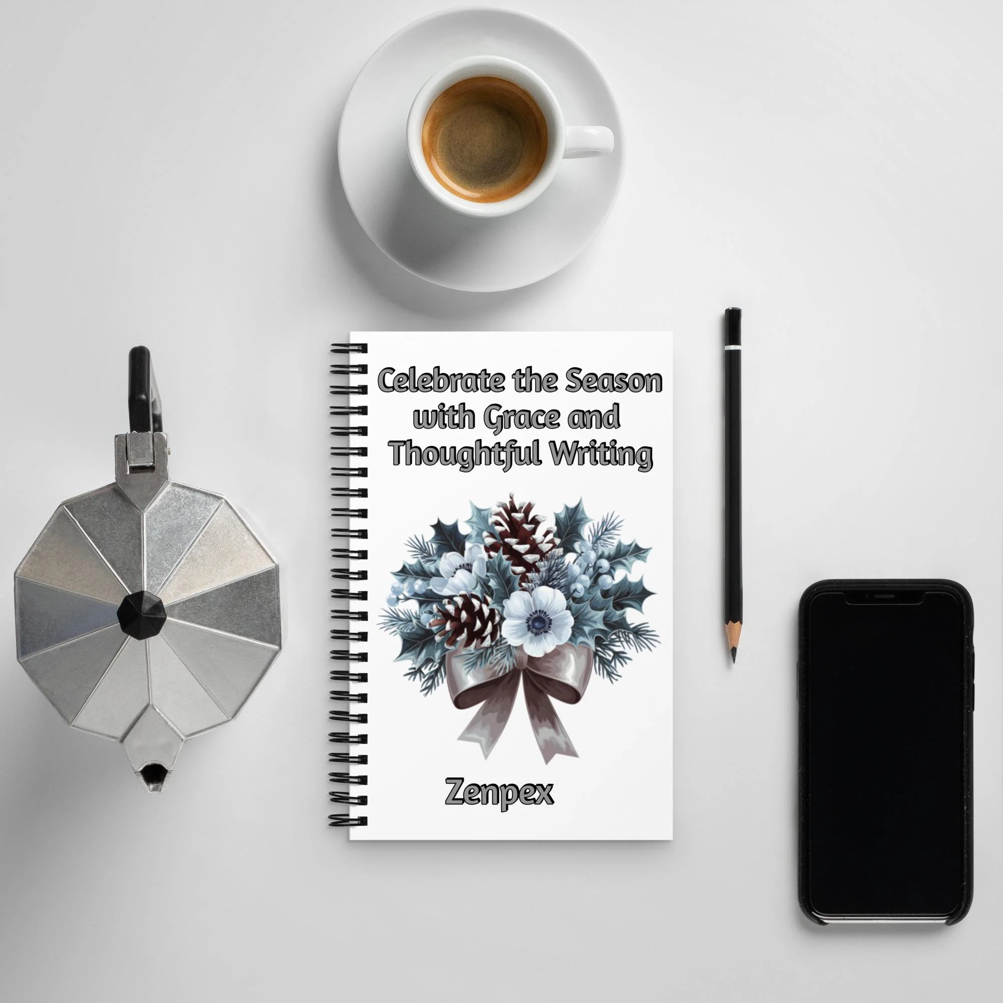 Winter Elegance Journal - Frosted Pinecones & White Anemones Design - Dotted Spiral Notebook