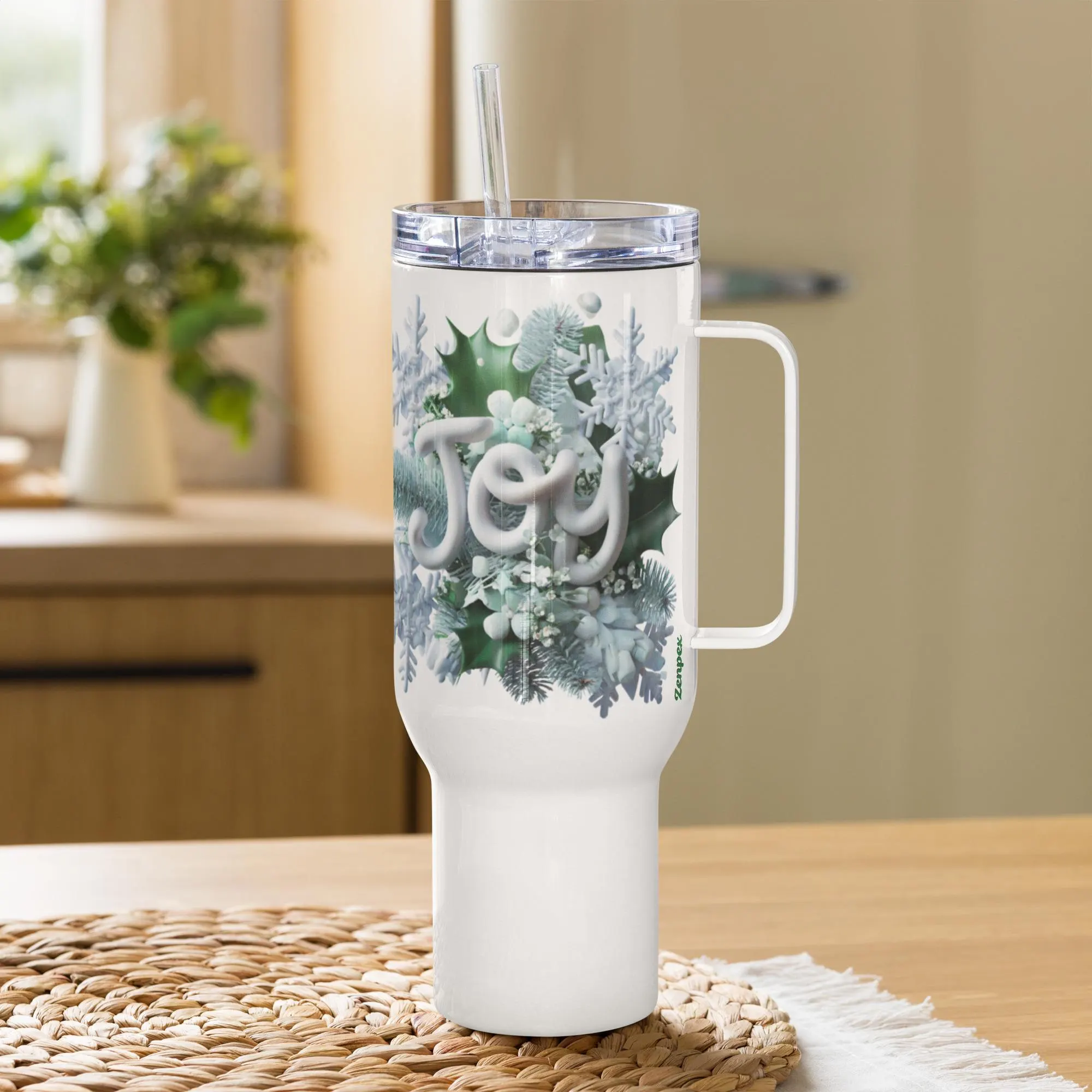 Joyful Winter Travel Tumbler - Snowflakes, Holly & Pine Design