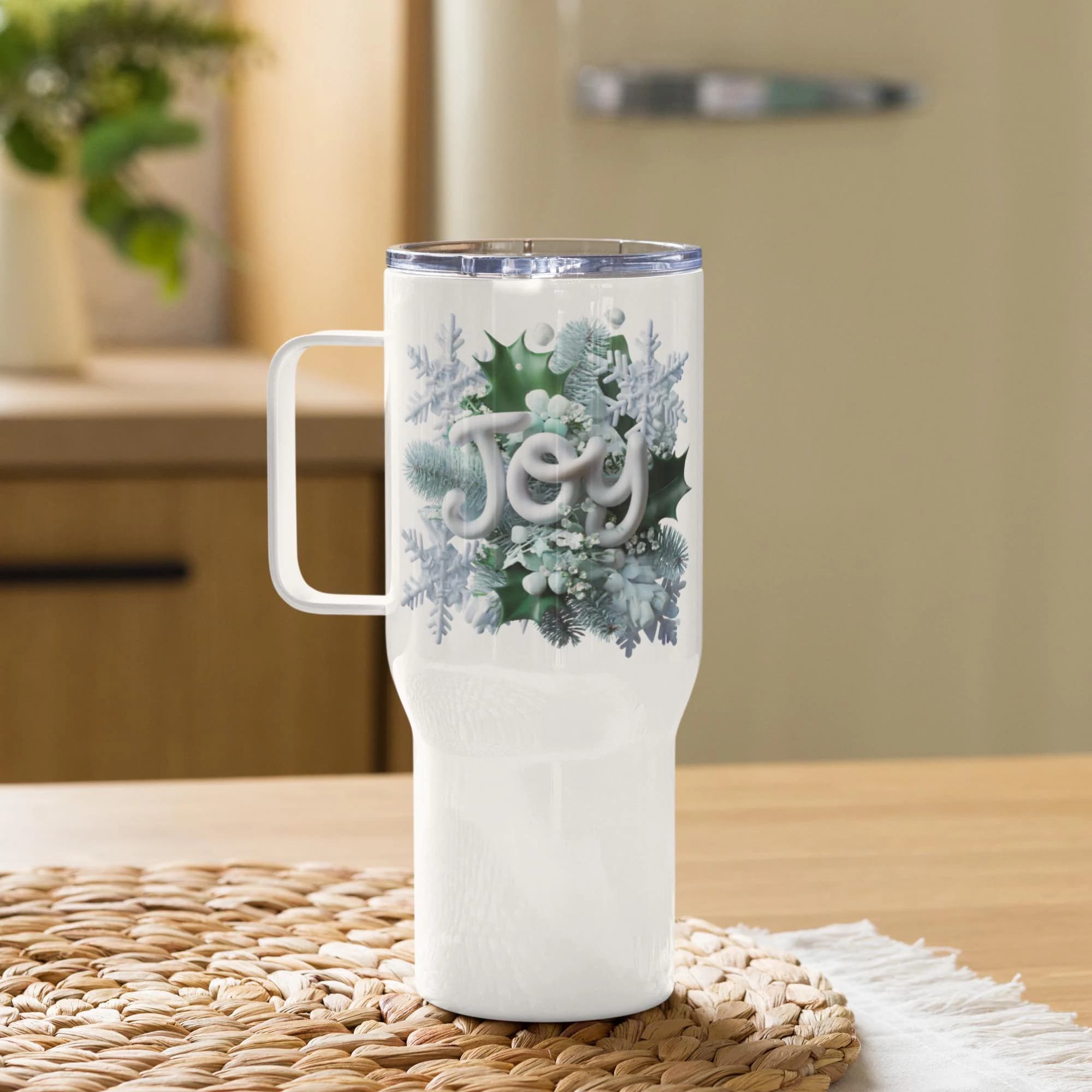 Joyful Winter Travel Tumbler - Snowflakes, Holly & Pine Design