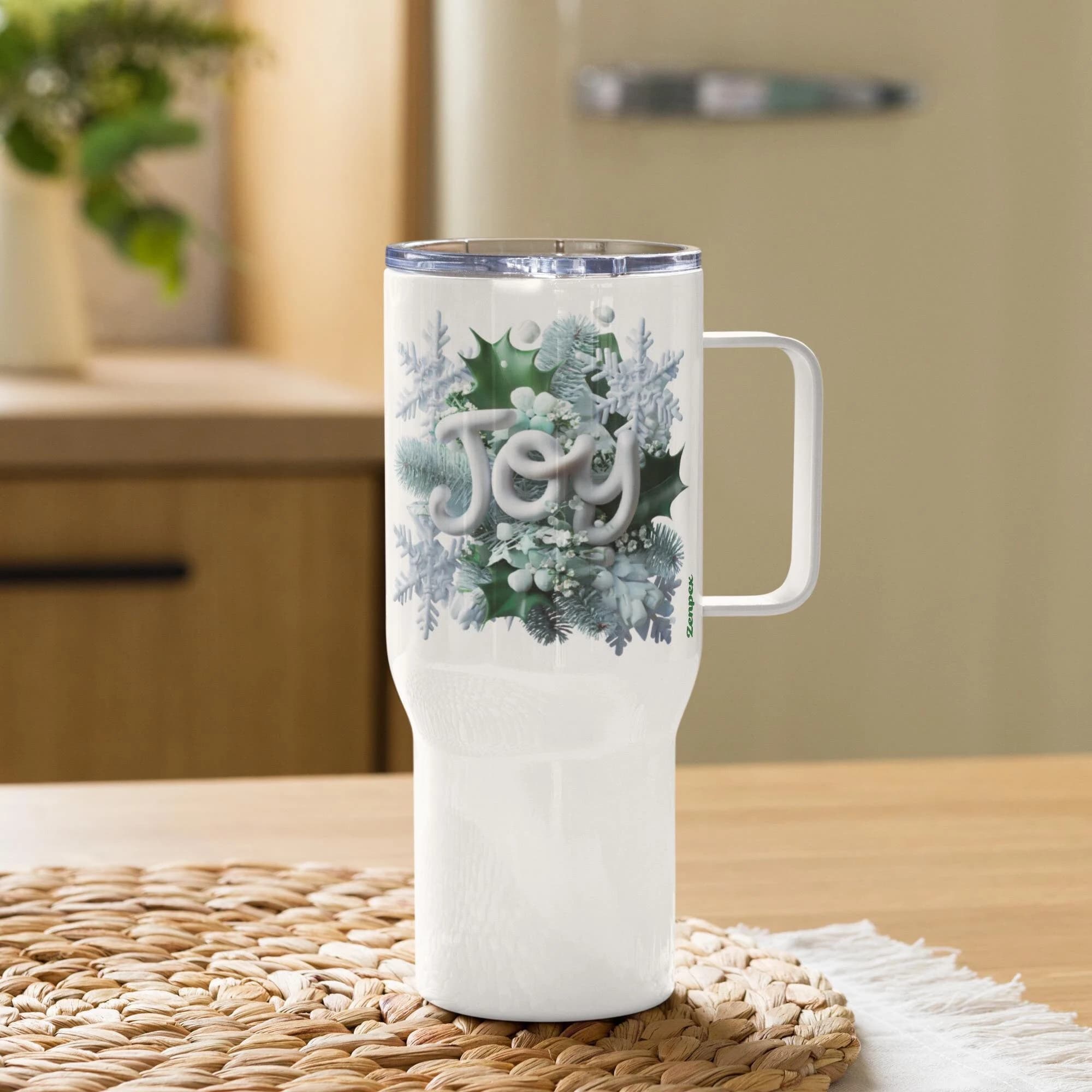 Joyful Winter Travel Tumbler - Snowflakes, Holly & Pine Design