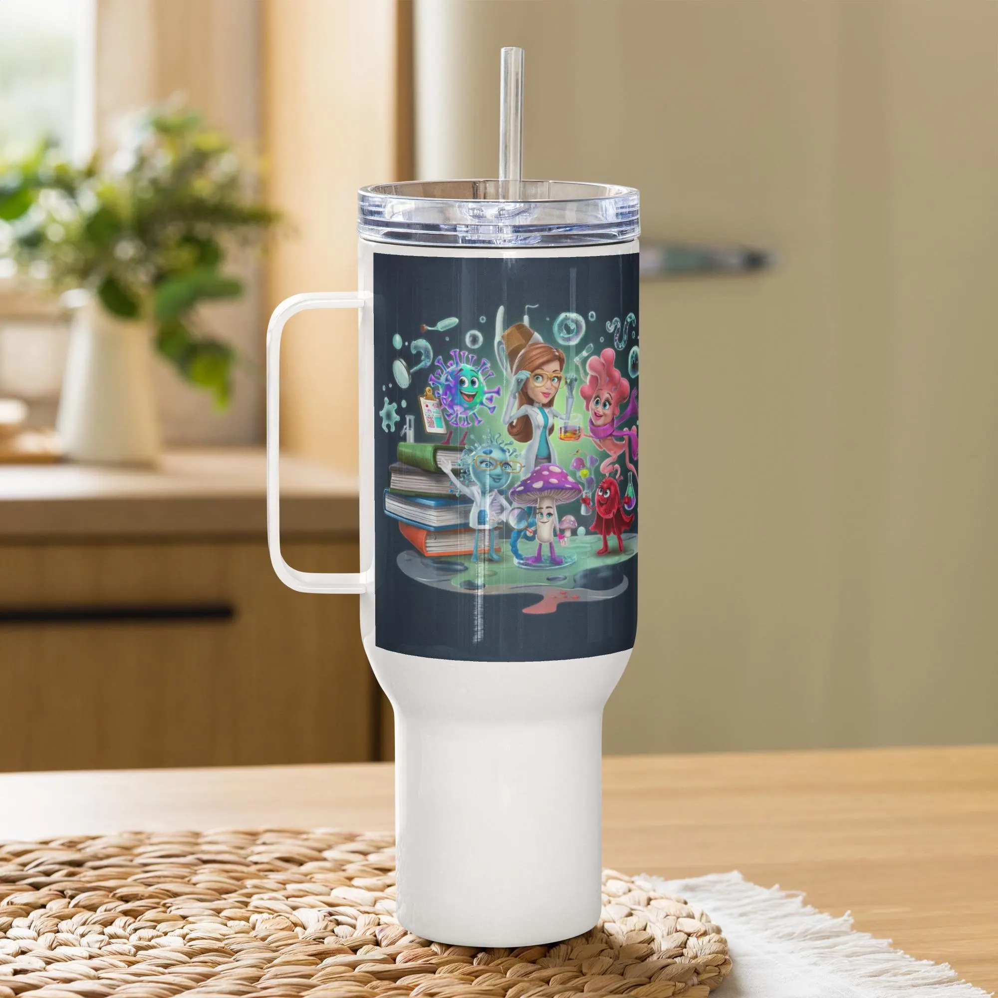 Whimsical Science Lab Travel Mug – 3D Cartoon Microorganism Design, Fun Gift for Scientists, Nurses, & Microbiology Enthusiasts