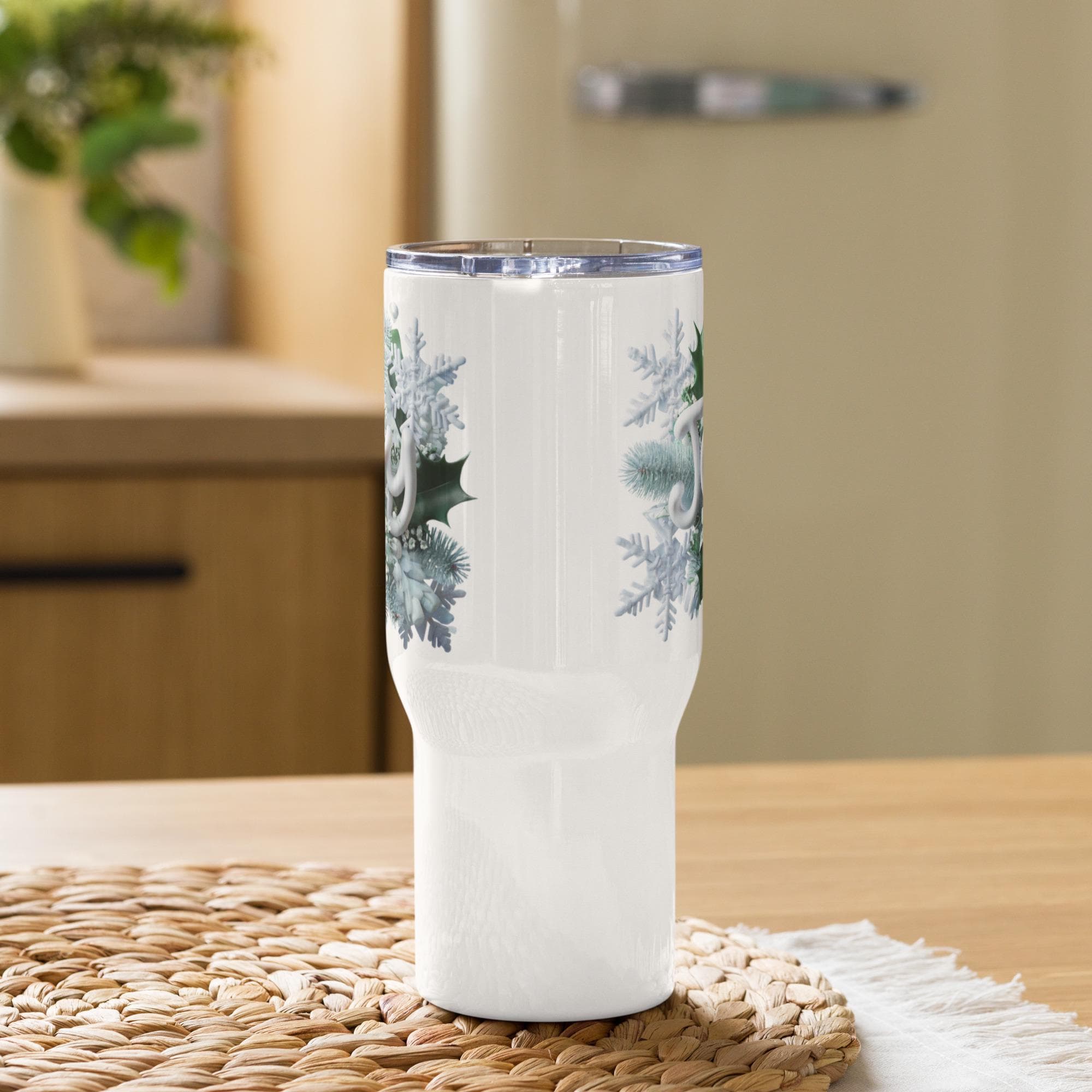 Joyful Winter Travel Tumbler - Snowflakes, Holly & Pine Design