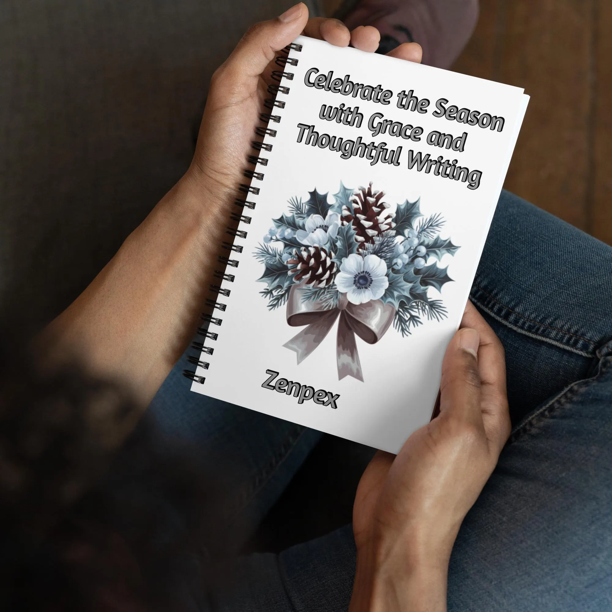 Winter Elegance Journal - Frosted Pinecones & White Anemones Design - Dotted Spiral Notebook