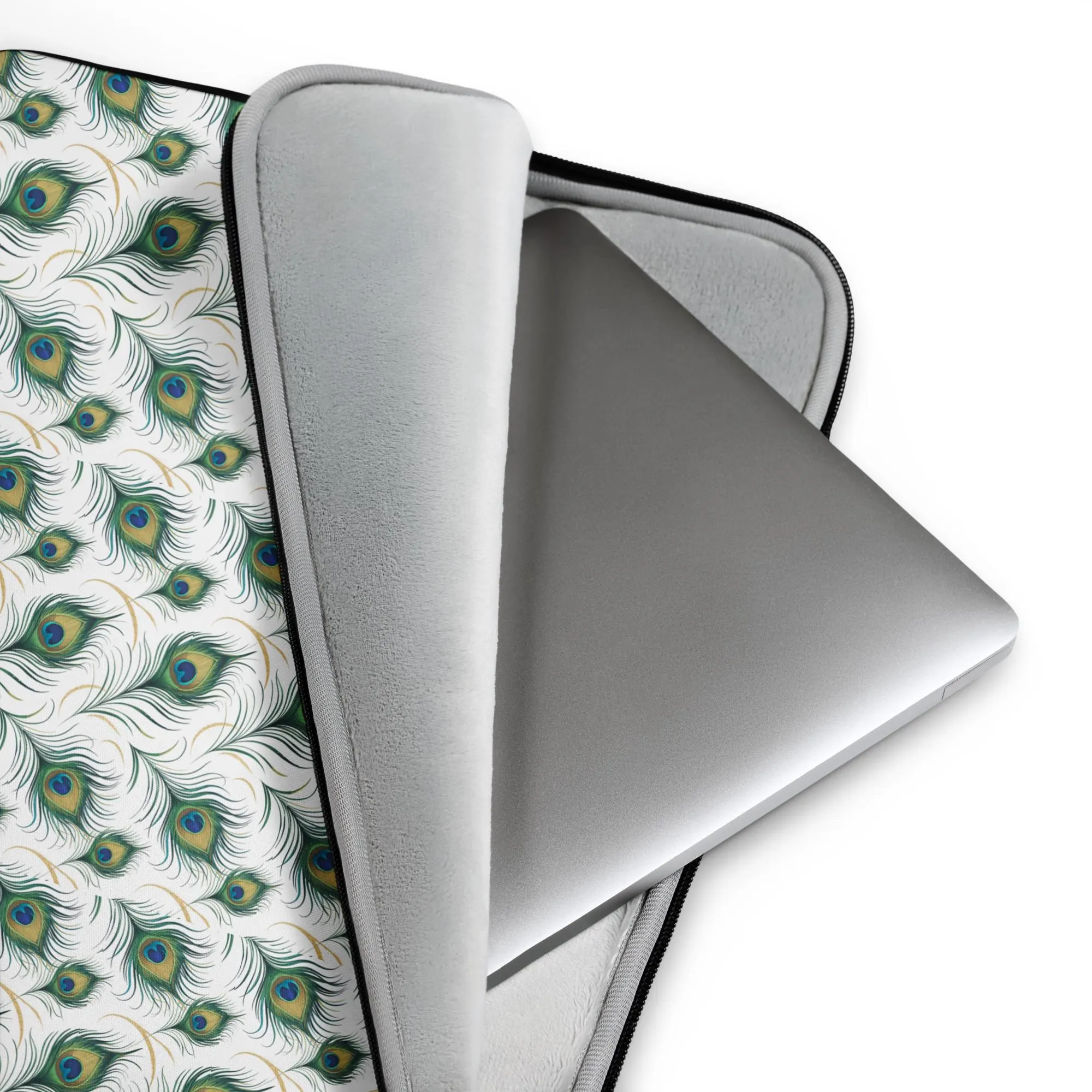 Elegant Peacock Feather Laptop Sleeve – Luxurious Design with Green, Blue, and Gold Accents, Perfect for Home Office or Gift Zenpex