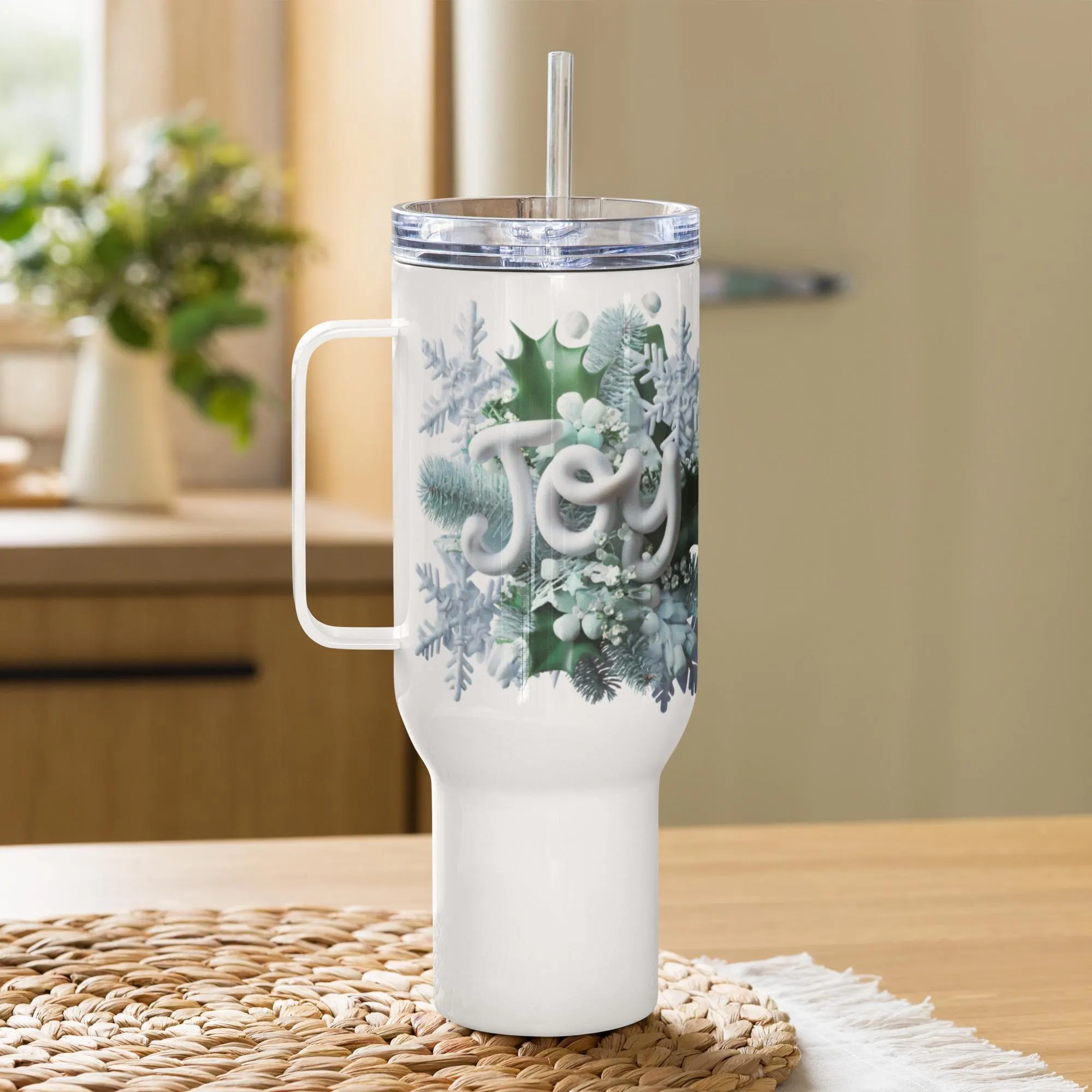 Joyful Winter Travel Tumbler - Snowflakes, Holly & Pine Design