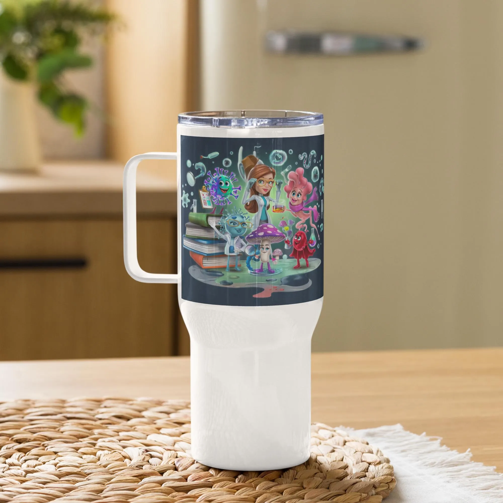 Whimsical Science Lab Travel Mug – 3D Cartoon Microorganism Design, Fun Gift for Scientists, Nurses, & Microbiology Enthusiasts