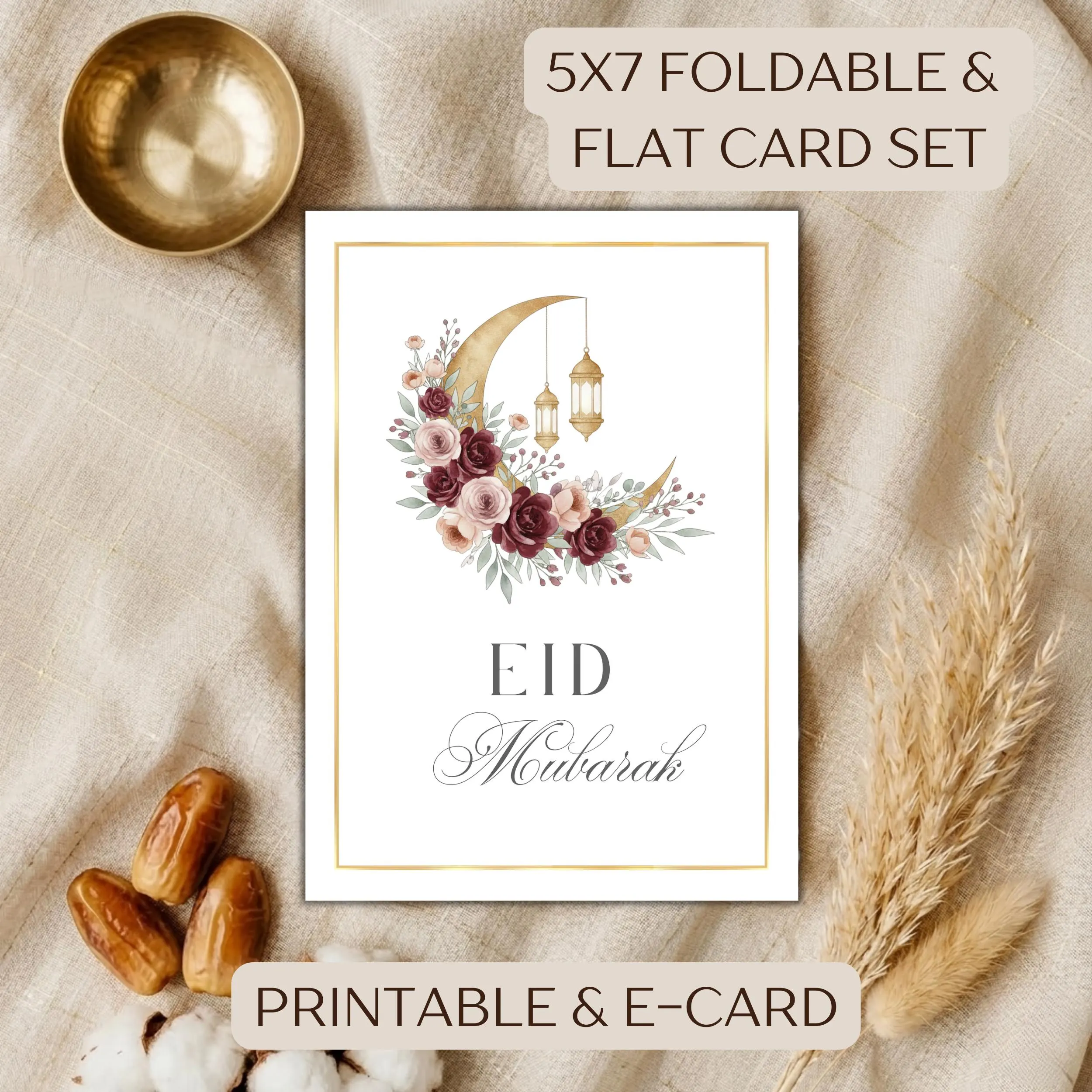 Watercolor Eid Mubarak Card, Floral Crescent Moon Islamic Greeting (Digital Download) - image 3