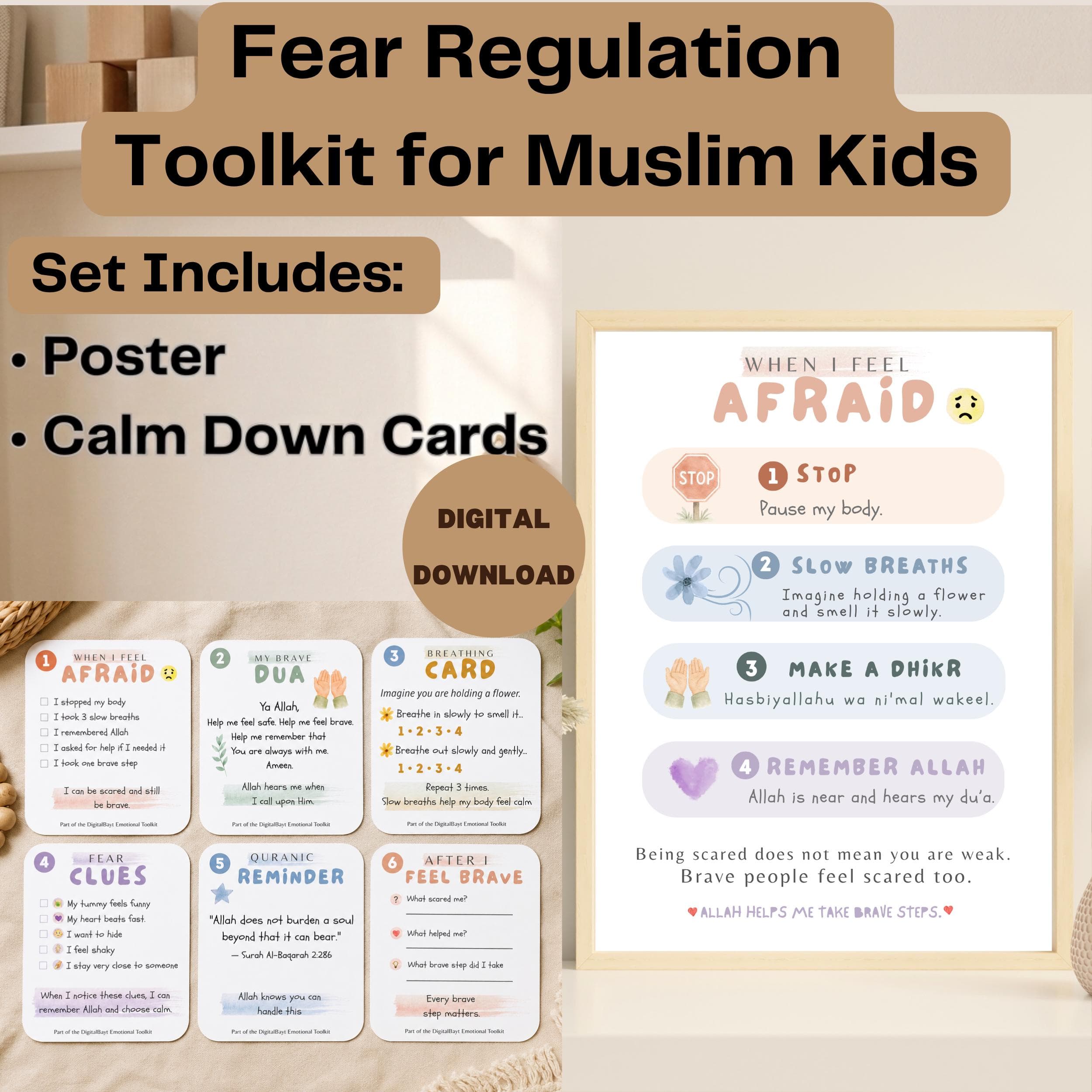 Islamic Emotional Toolkit Muslim Kids| When I Feel Afraid| Fear Regulation Printable| Muslim Children Coping Cards| Islamic Gentle Parenting