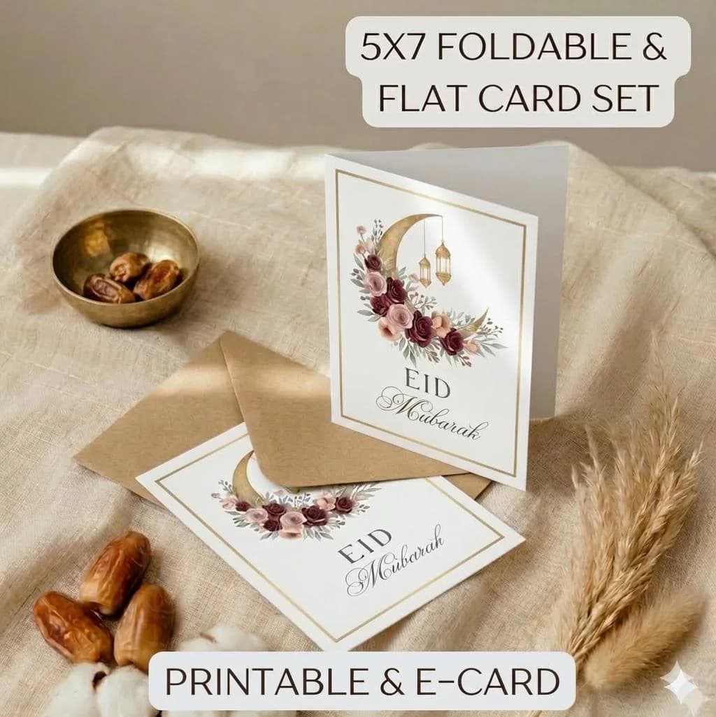 Watercolor Eid Mubarak Card, Floral Crescent Moon Islamic Greeting (Digital Download)