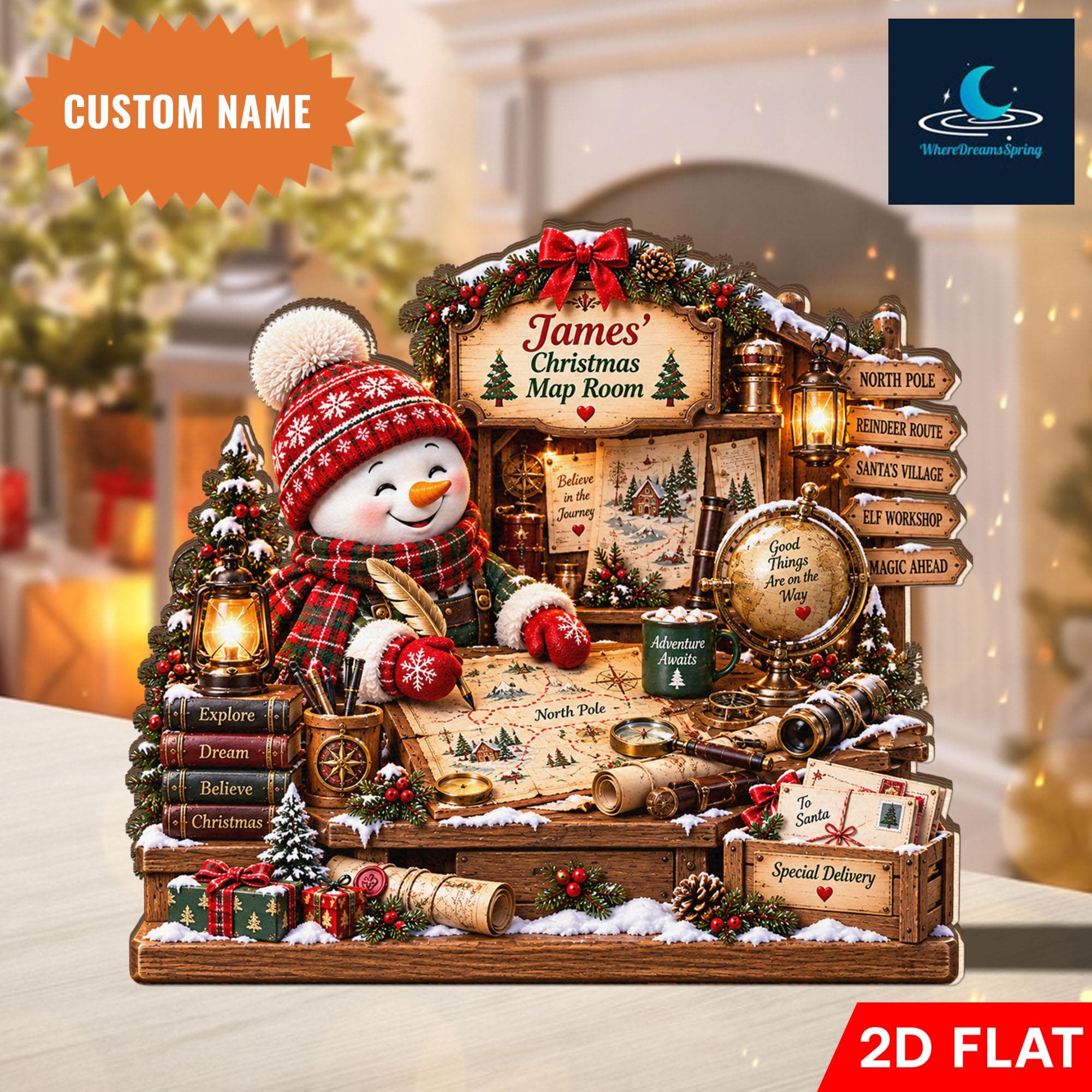 Personalized Christmas Map Room Wooden Block, Custom Name Winter Decor, Snowman Adventurer Display, Holiday Tabletop Gift - image 4