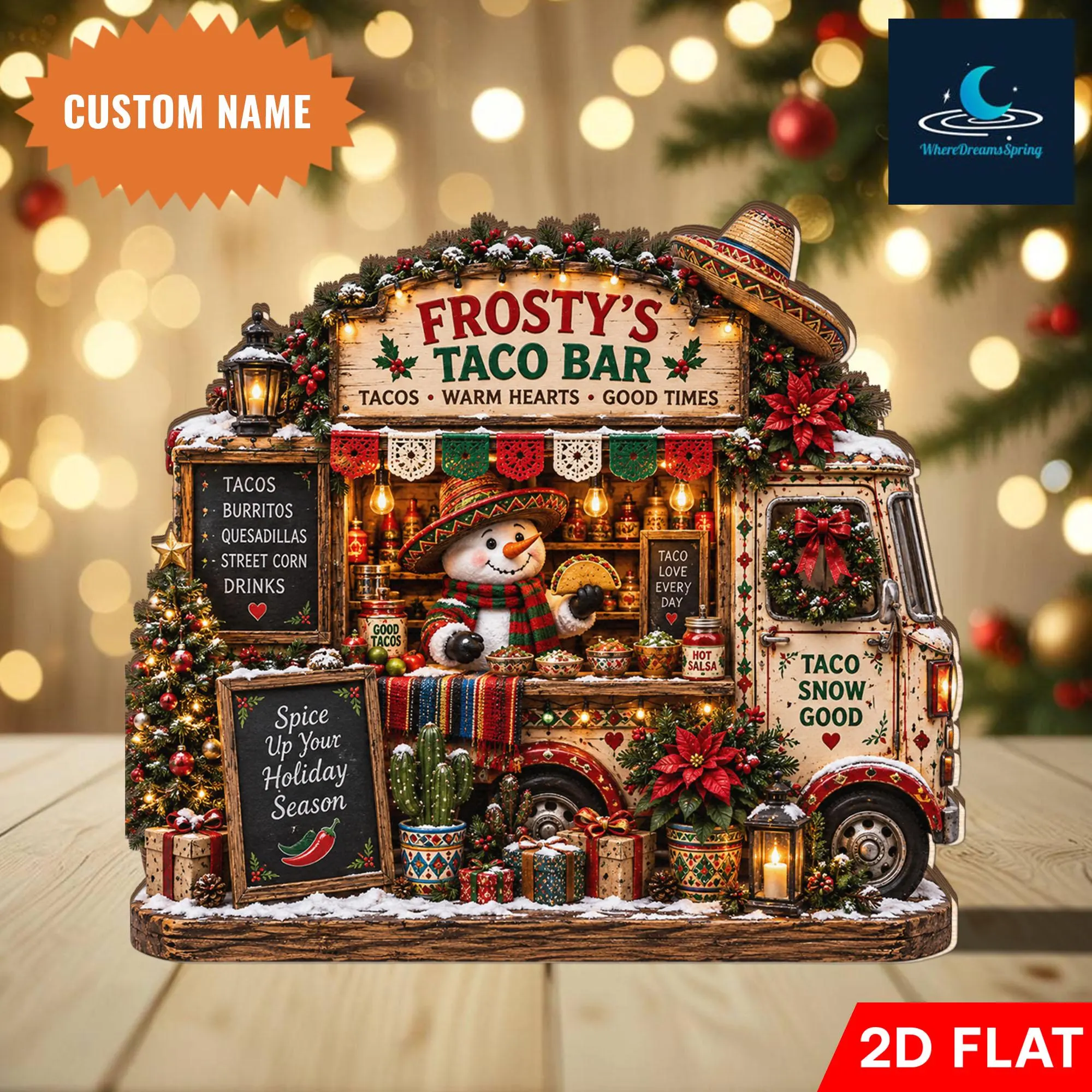 Personalized Taco Bar Wooden Block, Custom Snowman Food Truck Decor, Mexican Kitchen Accent, Holiday Display, Food Lover Gift - image 3