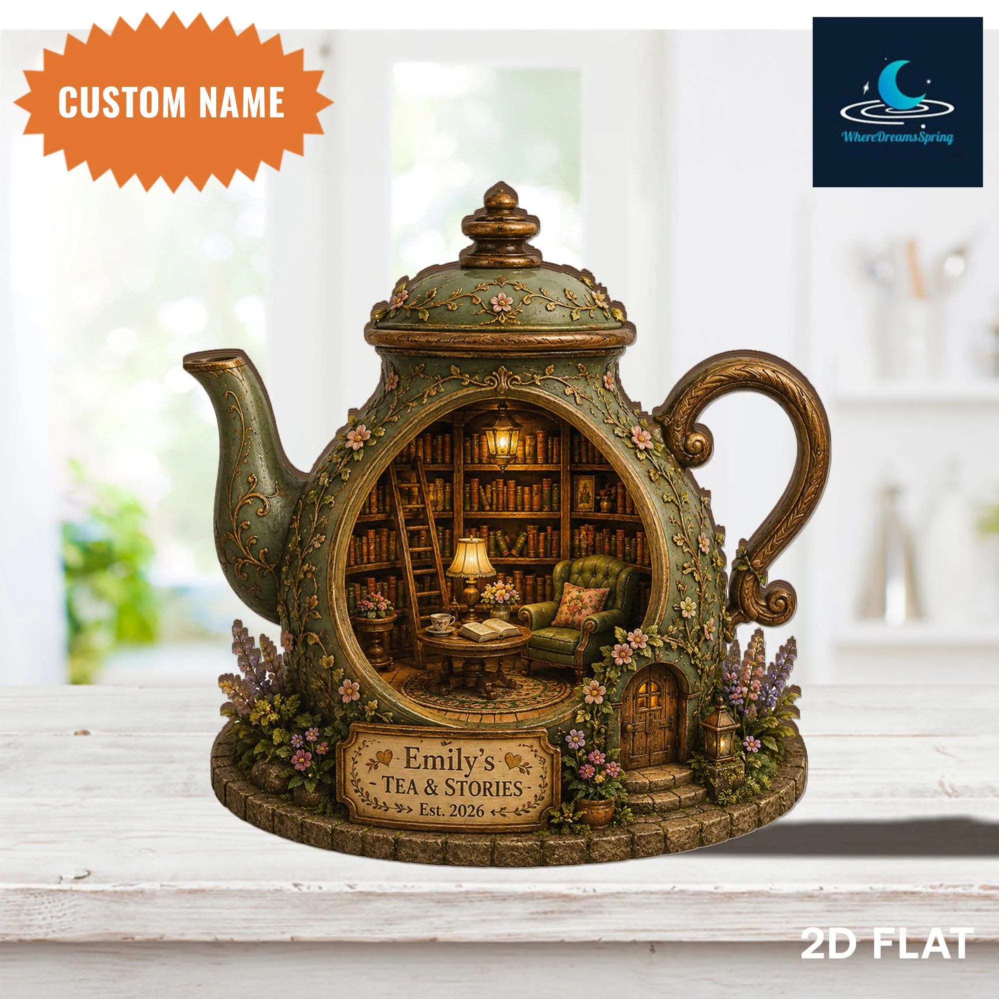 Personalized Teapot Book Nook Decor, Custom Tea Stories Sign, Cozy Reading Shelf - image 3
