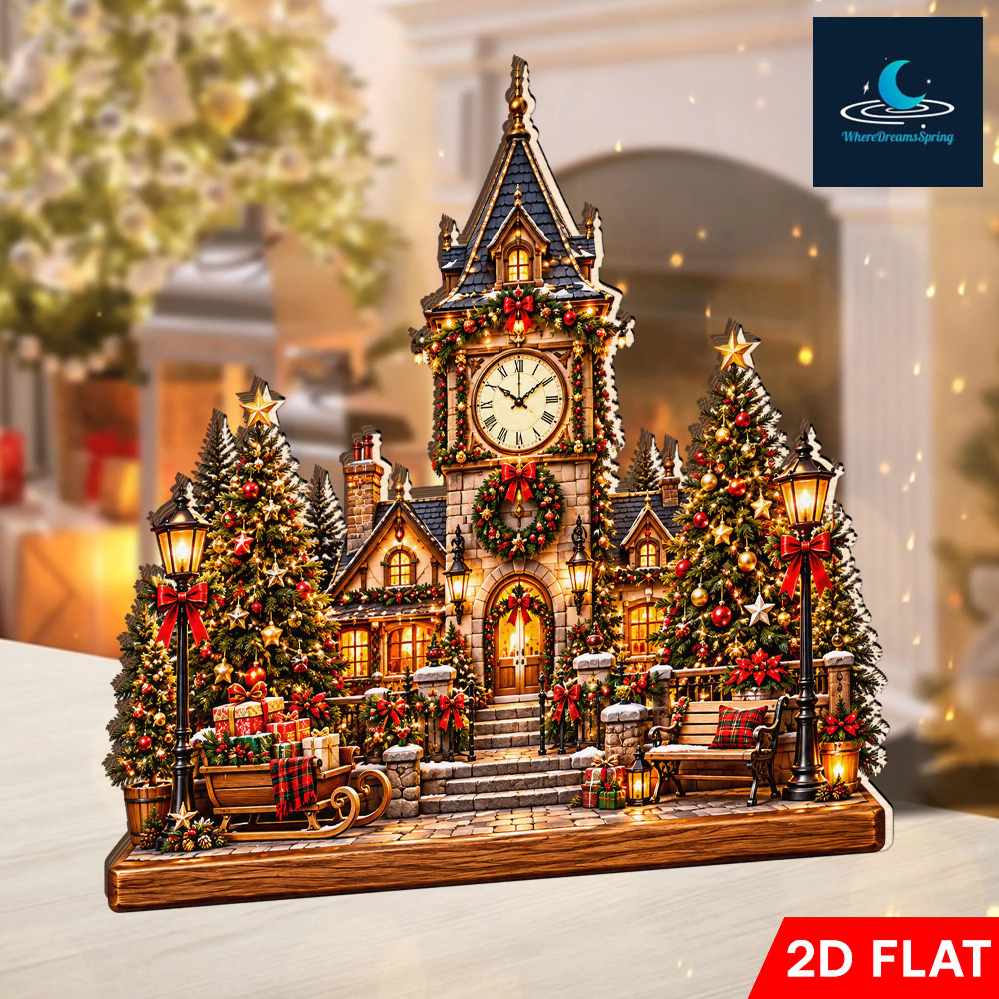 Christmas Clock Tower Wooden Block, Festive Village Decor, Winter Town Display, Snowy Holiday Home Scene, Christmas Tabletop Decoration - image 4