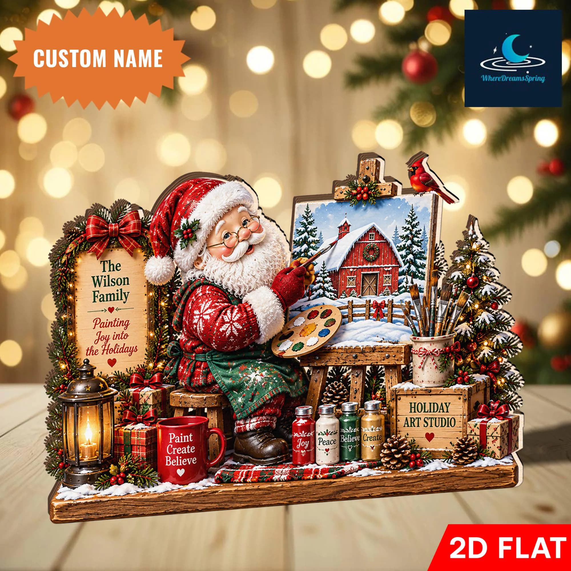 Personalized Santa Painting Wooden Block, Holiday Art Studio Decor, Custom Family Name, Winter Artist Gift, Festive Tabletop Display - image 3