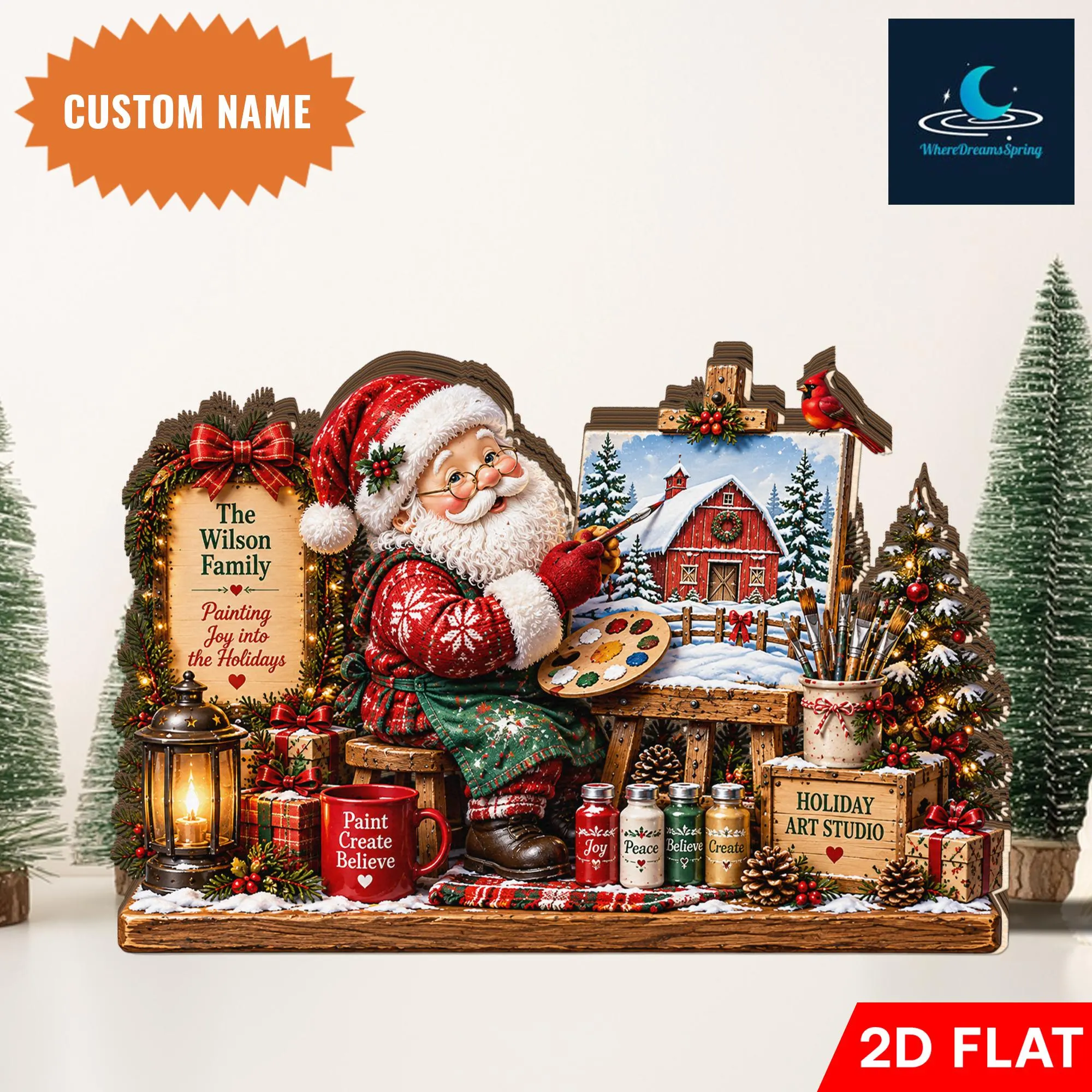 Personalized Santa Painting Wooden Block, Holiday Art Studio Decor, Custom Family Name, Winter Artist Gift, Festive Tabletop Display - image 4