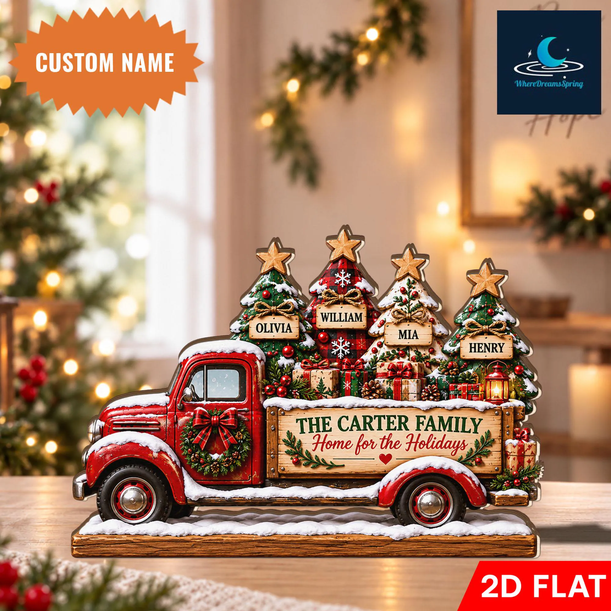 Personalized Christmas Truck Wooden Block, Custom Family Name Holiday Decor, Family Tree Farm Truck Display, Winter Tabletop Gift - image 3