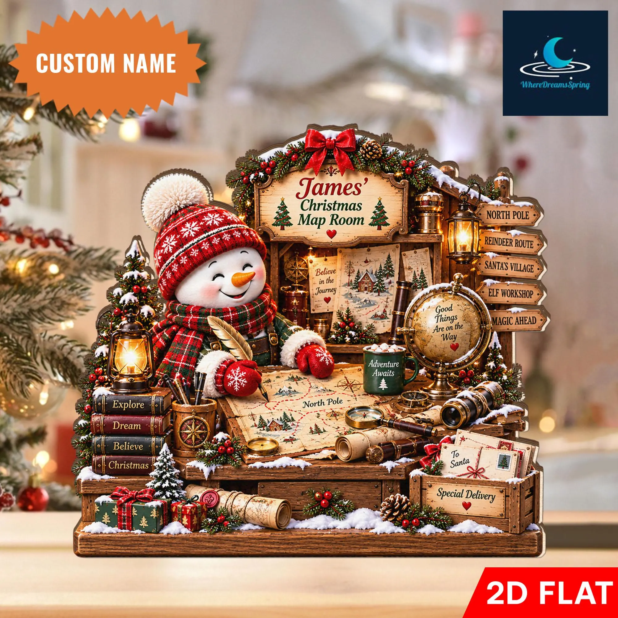 Personalized Christmas Map Room Wooden Block, Custom Name Winter Decor, Snowman Adventurer Display, Holiday Tabletop Gift - image 3
