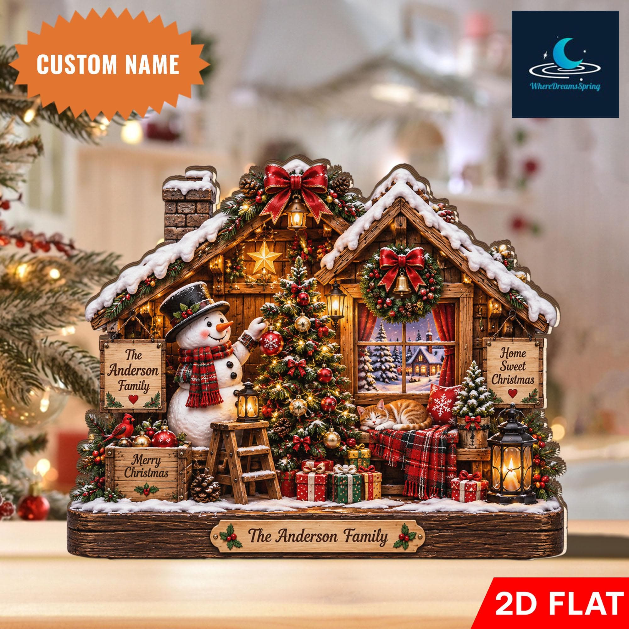 Personalized Snowman Christmas Cabin Wooden Block, Custom Family Holiday Decor - image 3
