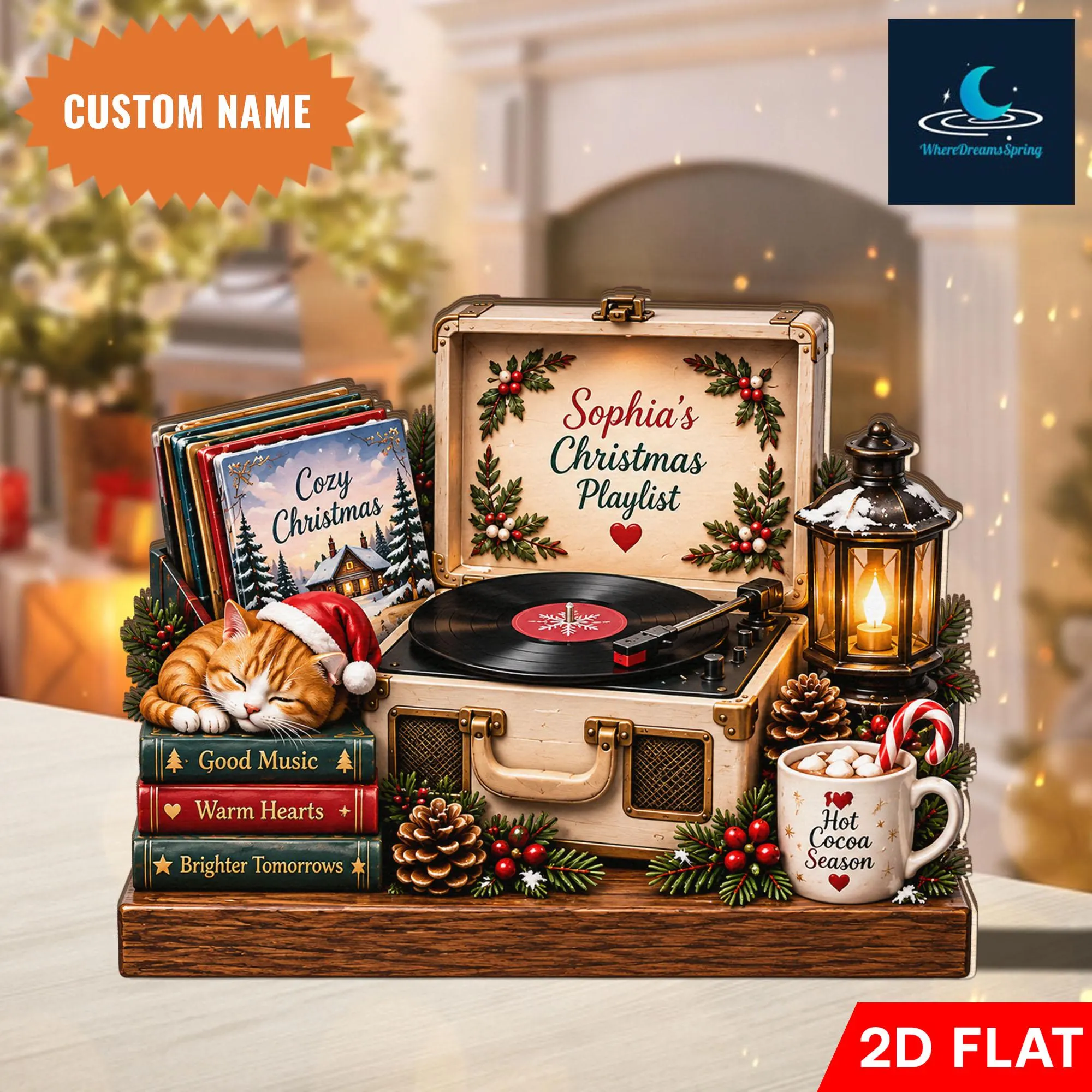 Personalized Christmas Music Wooden Block, Custom Name Holiday Decor, Record Player Display, Cozy Winter Tabletop Gift - image 3