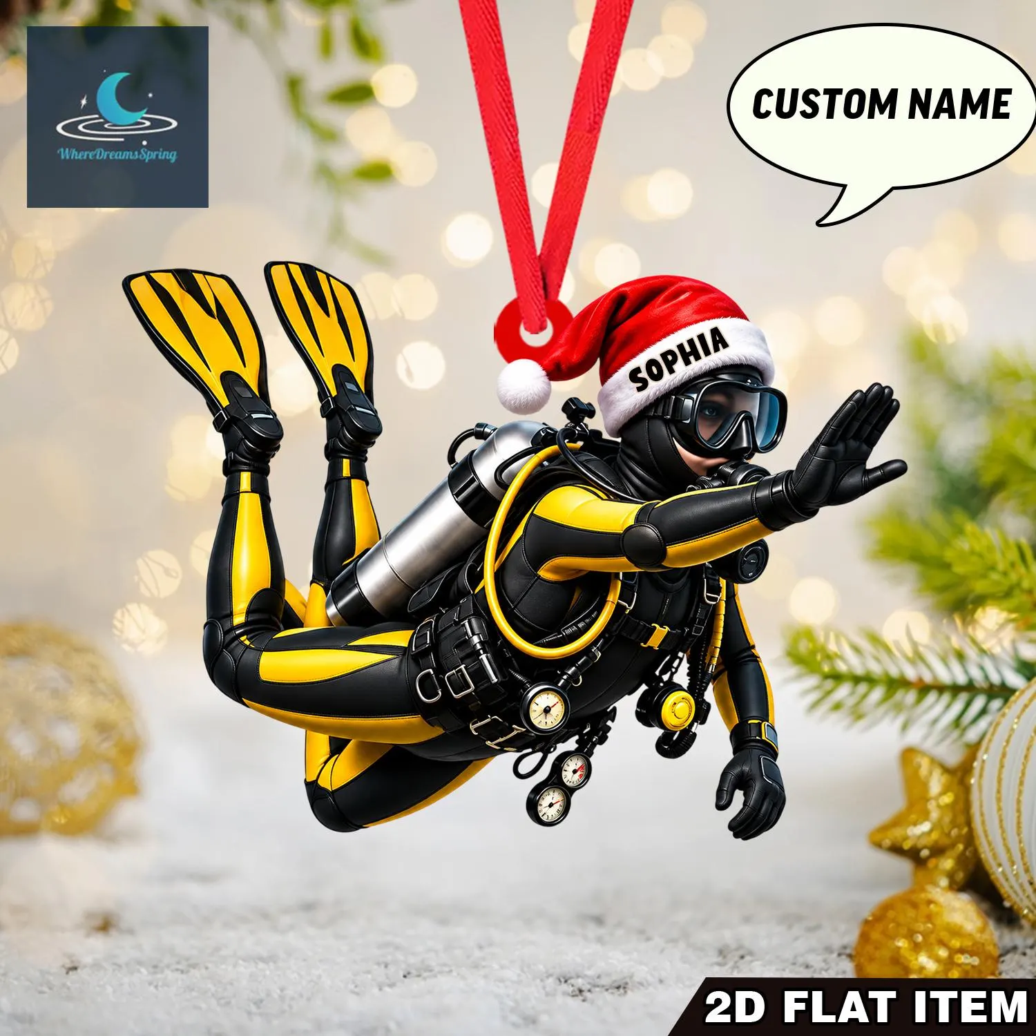 Custom Scuba Diver Ornament, Personalized Christmas Decor, Acrylic Keepsake (2D Flat) - image 4