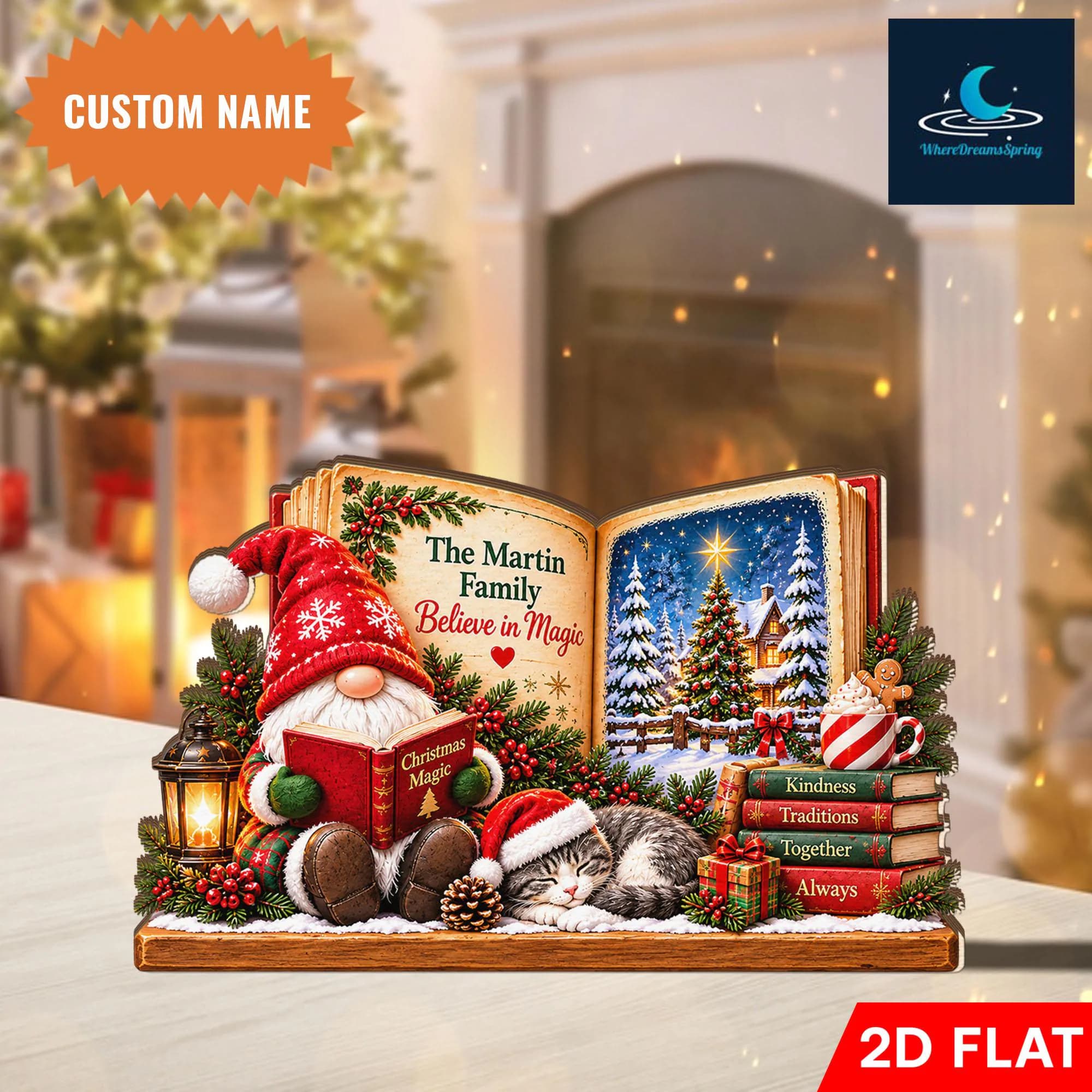Personalized Christmas Reading Nook Wooden Block, Custom Family Name Decor, Cozy Winter Book Lover Gift, Holiday Home Display - image 4