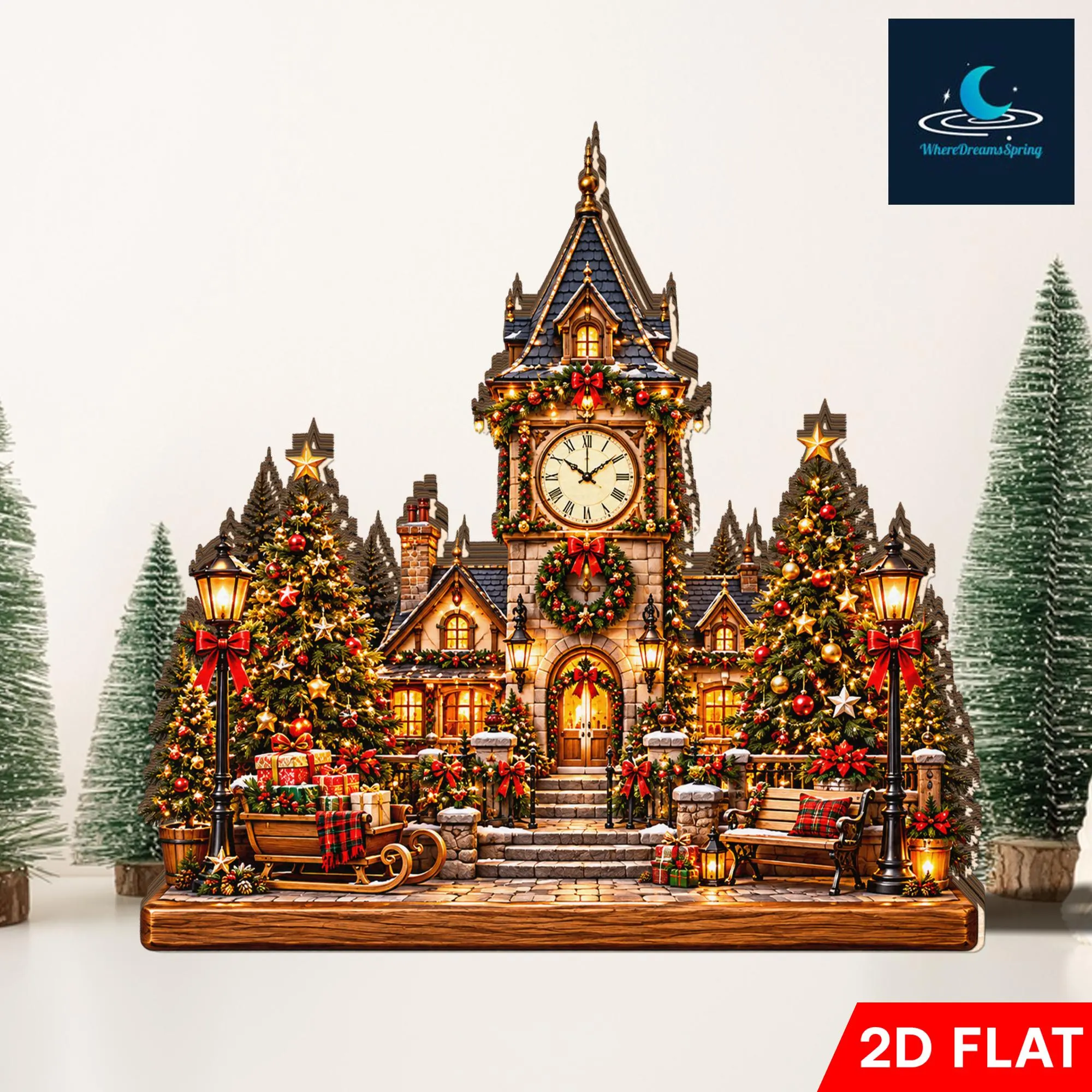 Christmas Clock Tower Wooden Block, Festive Village Decor, Winter Town Display, Snowy Holiday Home Scene, Christmas Tabletop Decoration - image 3