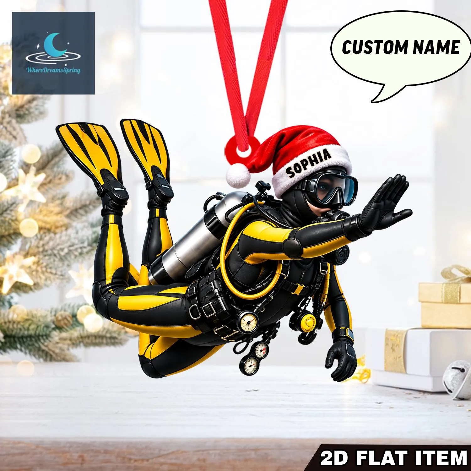 Custom Scuba Diver Ornament, Personalized Christmas Decor, Acrylic Keepsake (2D Flat) - image 3