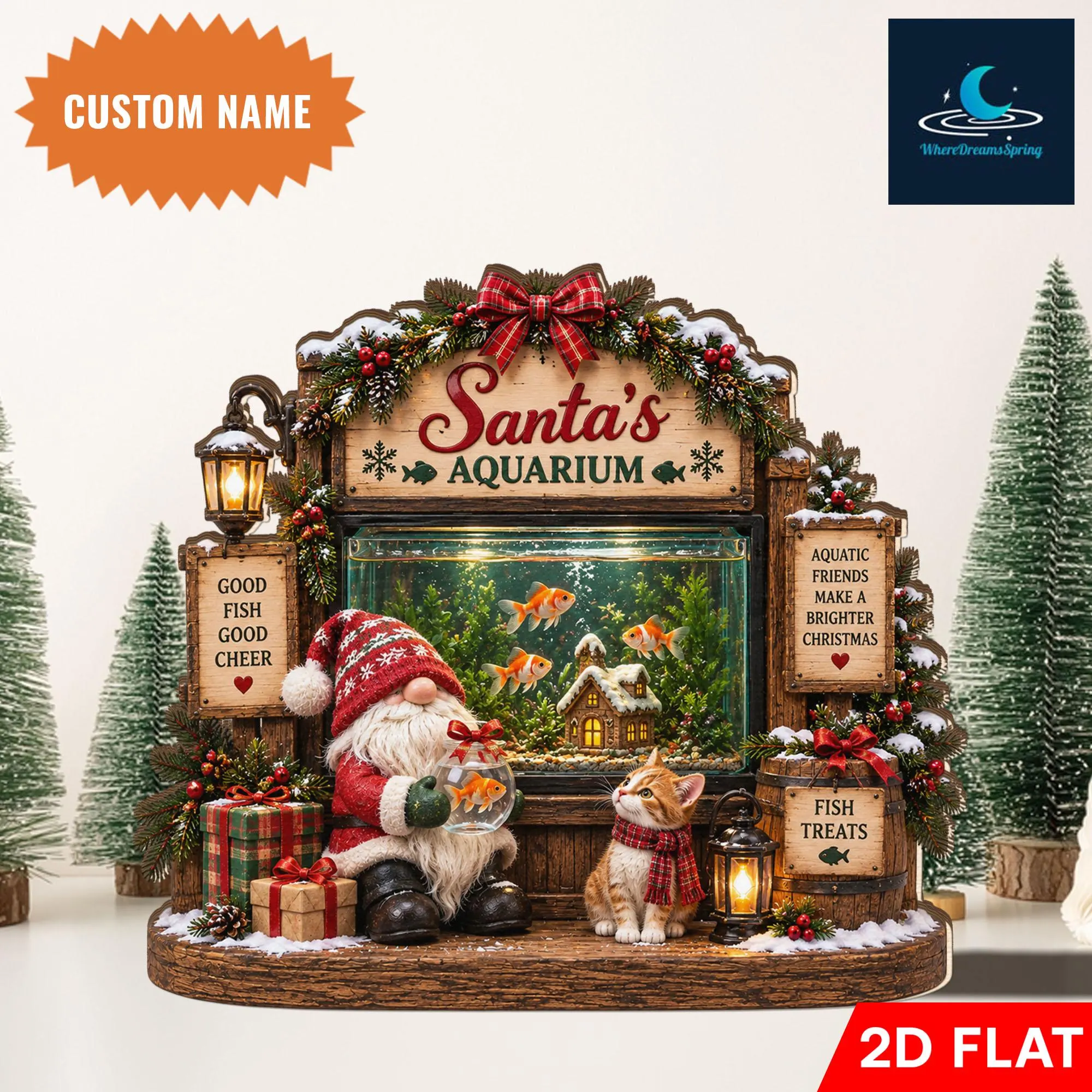 Personalized Christmas Aquarium Wooden Block, Custom Fish Lover Decor, Santa Fish Tank Display (2D Flat) - image 3