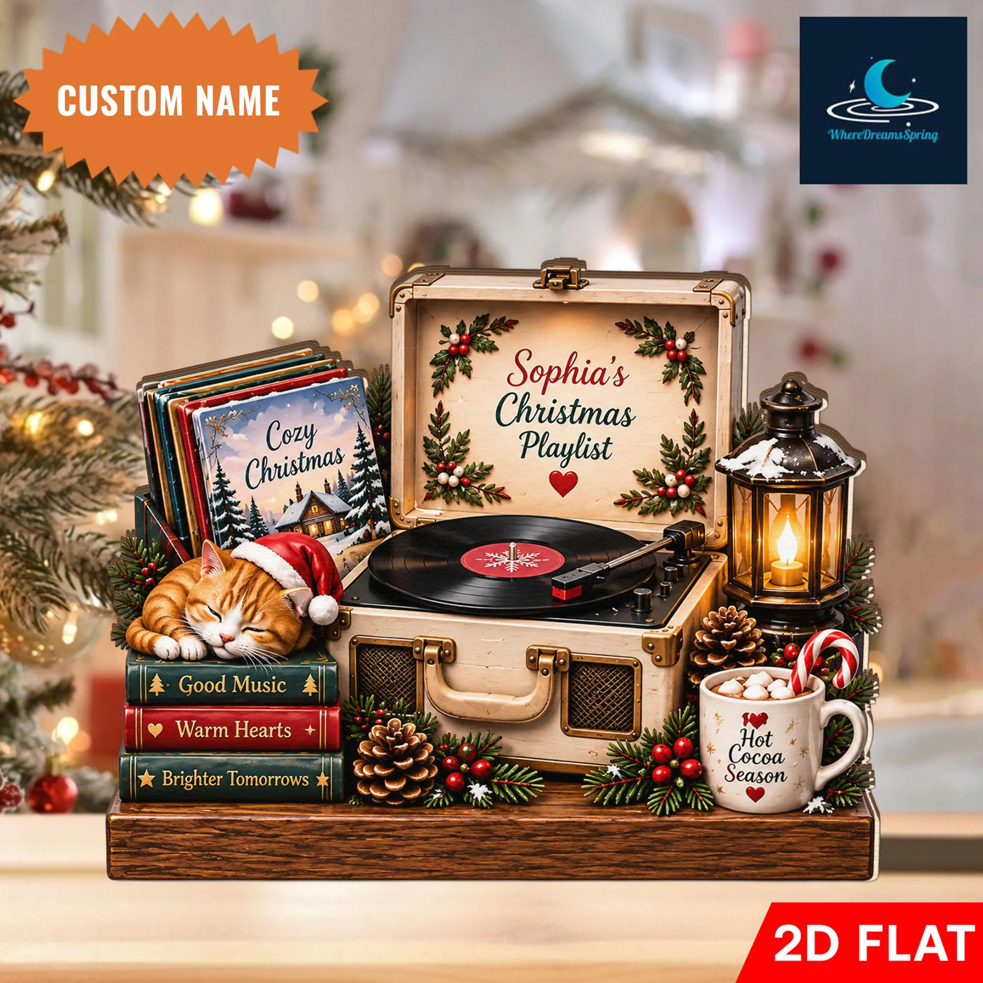 Personalized Christmas Music Wooden Block, Custom Name Holiday Decor, Record Player Display, Cozy Winter Tabletop Gift - image 4