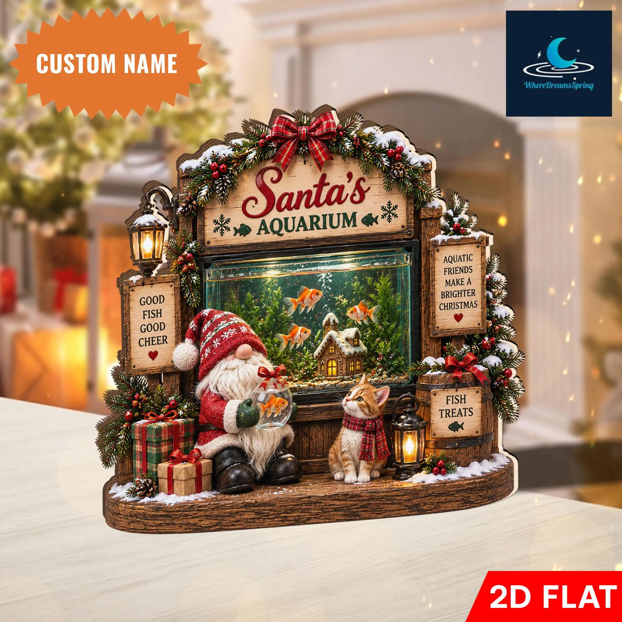 Personalized Christmas Aquarium Wooden Block, Custom Fish Lover Decor, Santa Fish Tank Display (2D Flat) - image 4