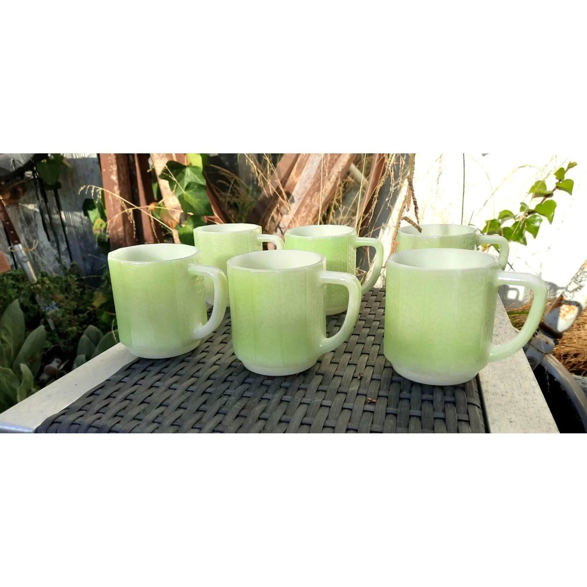 Vintage Vintage Federal Glass Iridescent Green Milk Glass Mugs D Handle 6 PC set - image 4
