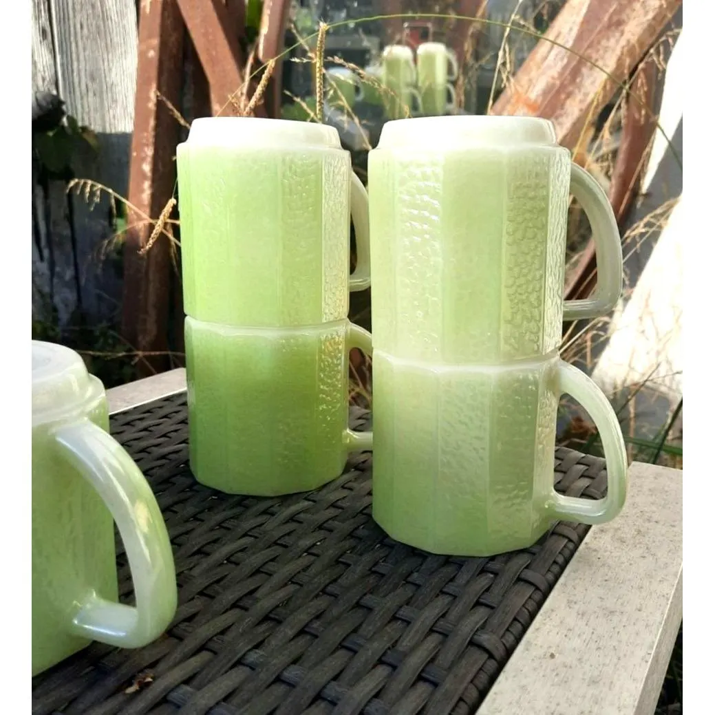 Vintage Vintage Federal Glass Iridescent Green Milk Glass Mugs D Handle 6 PC set - image 3