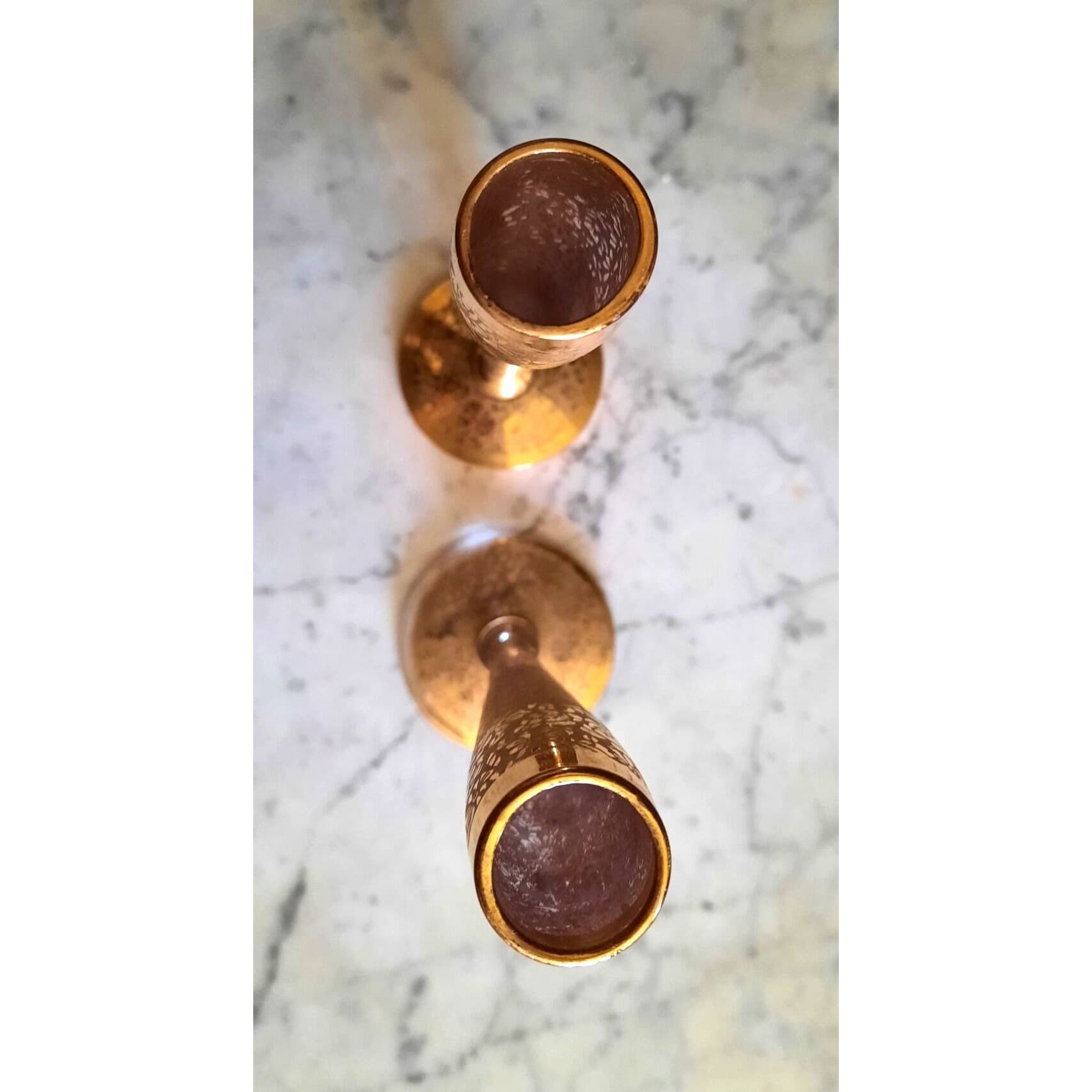 Vintage MCM Ransgil Crystal Gold Dipped Frosted Gold Stenciled Roses Floral Bud Vases Candle Holders Pair Stunning - image 4