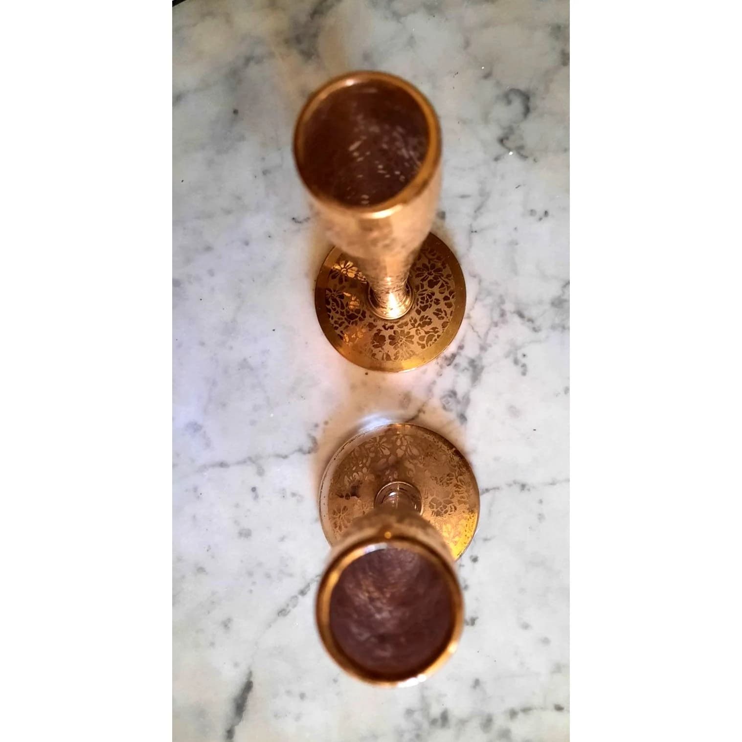 Vintage MCM Ransgil Crystal Gold Dipped Frosted Gold Stenciled Roses Floral Bud Vases Candle Holders Pair Stunning - image 5