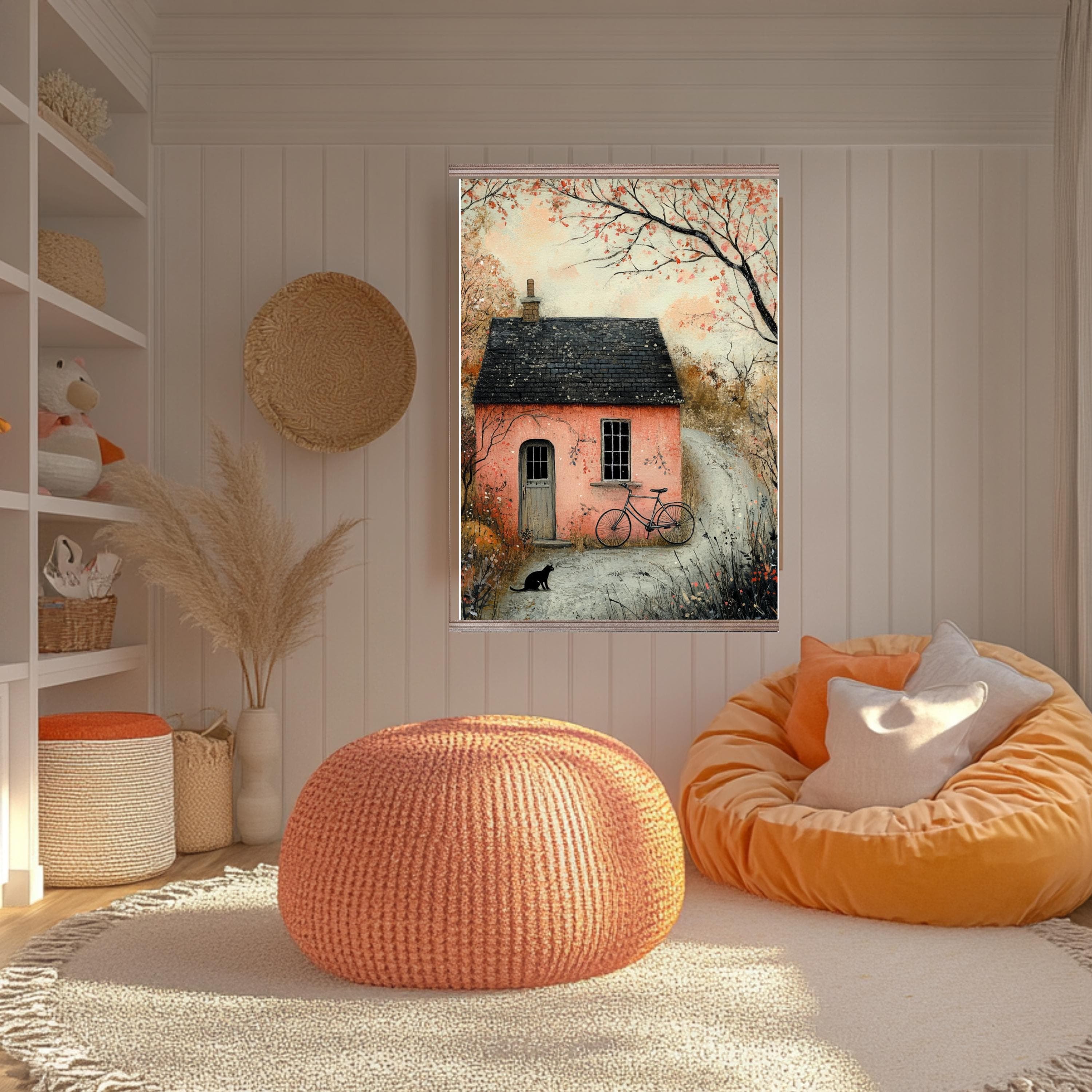 Pink Cottage Art Print: Whimsical Fairy Tale House with Black Cat - image 3
