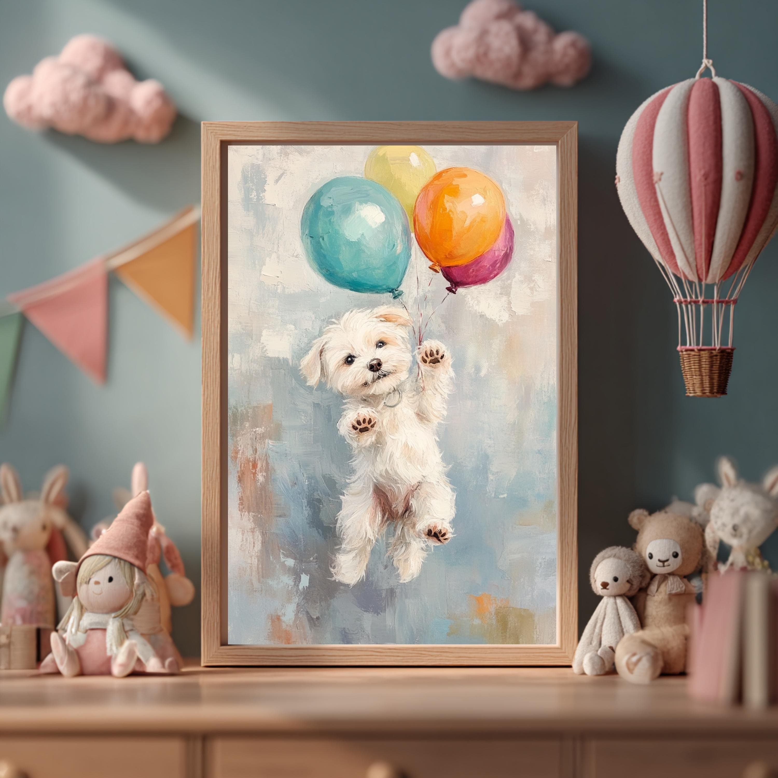 Floating Puppy with Balloons Fine Art Poster | Nursery Wall Art - image 4