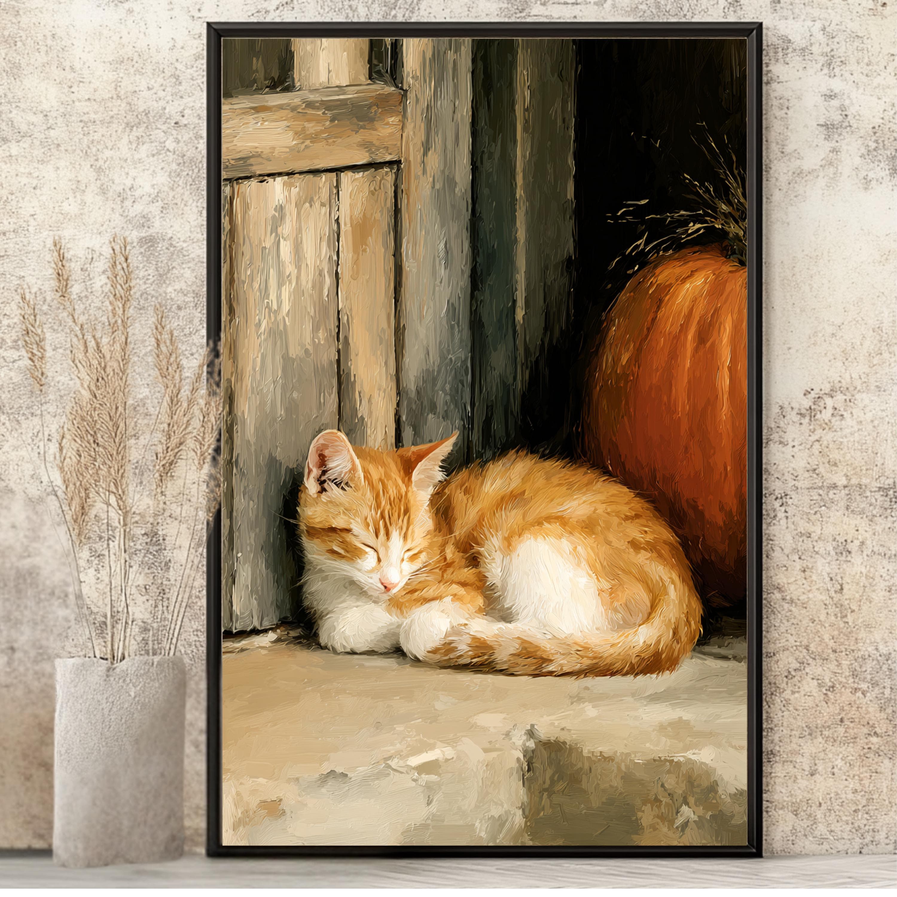 Ginger Cat and Pumpkin Print: Impasto Cottagecore Autumn Wall Art