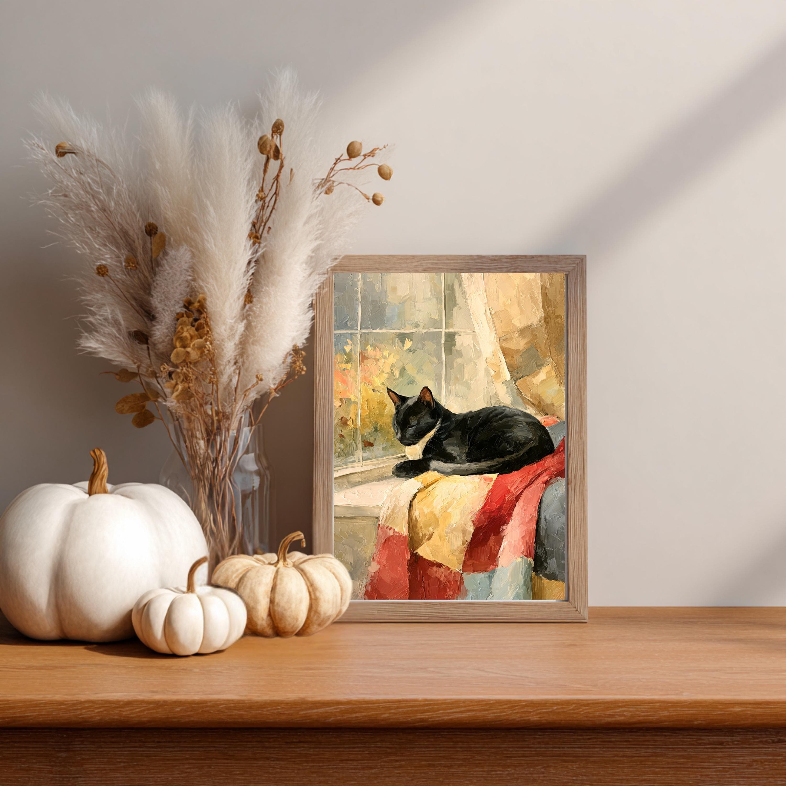 Black Cat on Quilt Print: Impasto Oil Painting, Rustic Cottagecore Wall Art - image 5