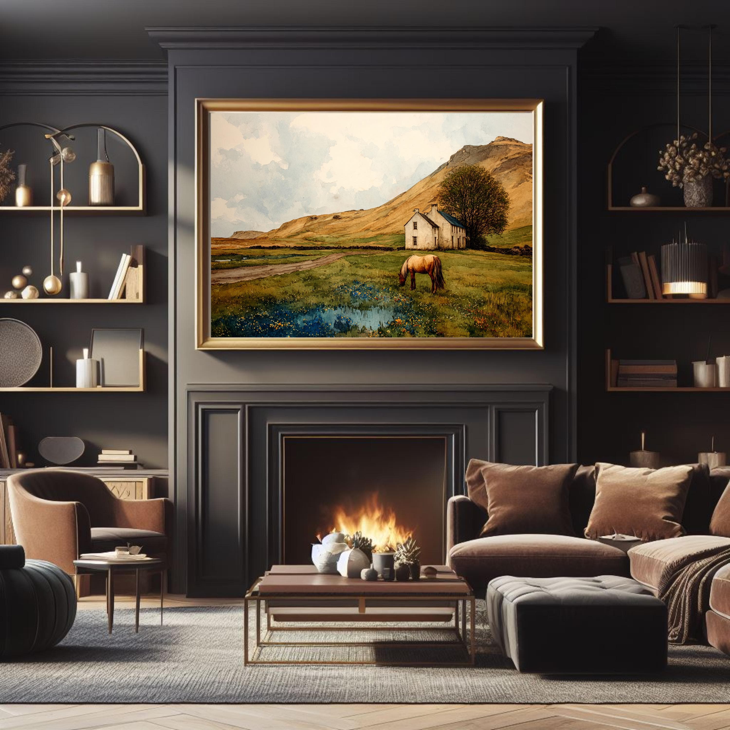 Horse Watercolor Landscape Print – Wildflowers & Farmhouse Wall Art, Western Country Poster, Large Rustic Decor - image 3