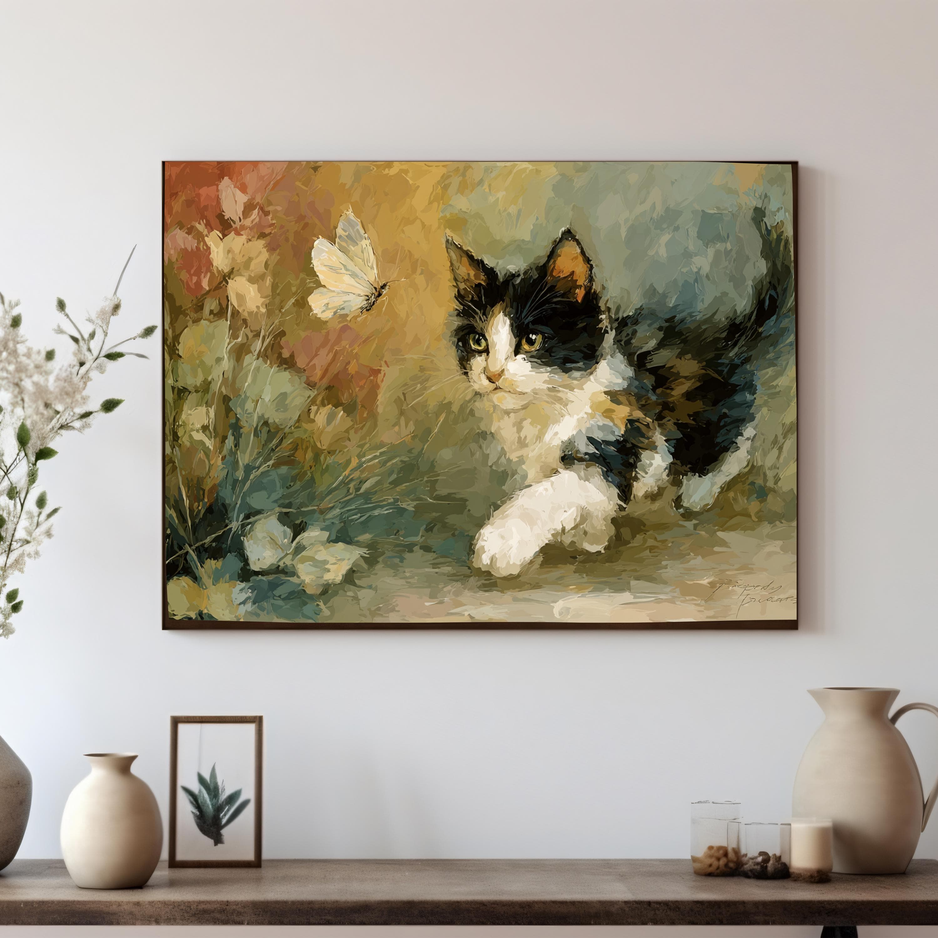 Playful Tuxedo Kitten Canvas Art: Autumn Floral, Vintage Style