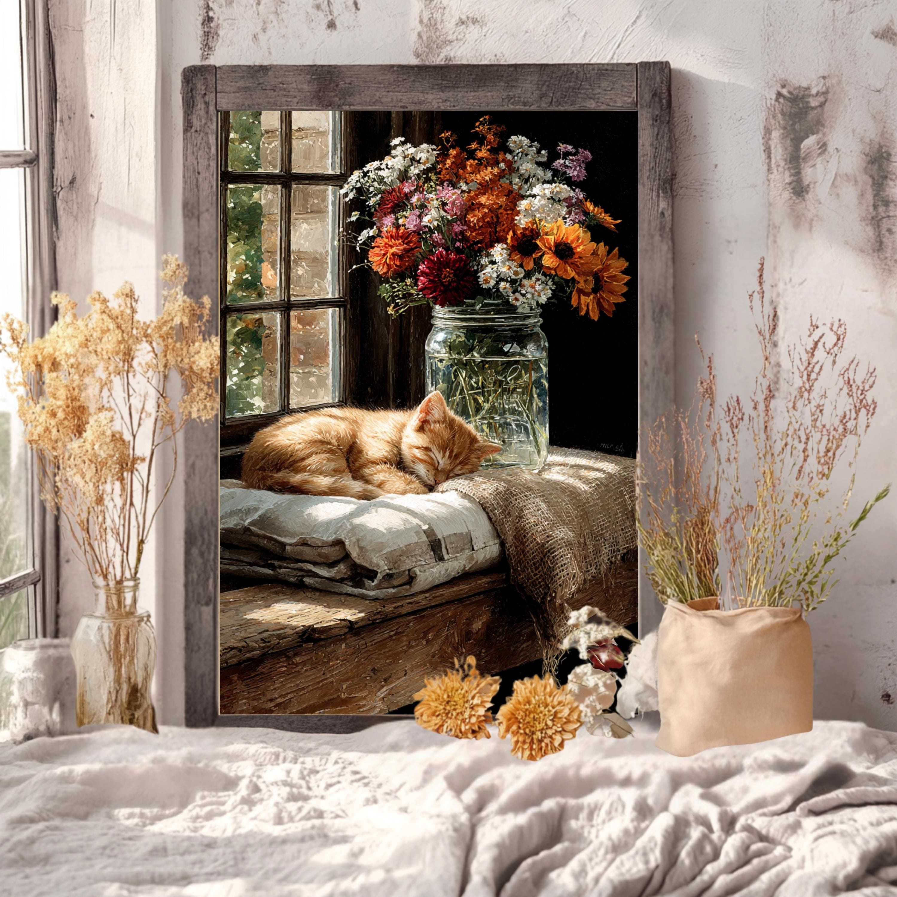 Sleepy Kitten Fall Print: Rustic Farmhouse Still Life Wall Art - image 5