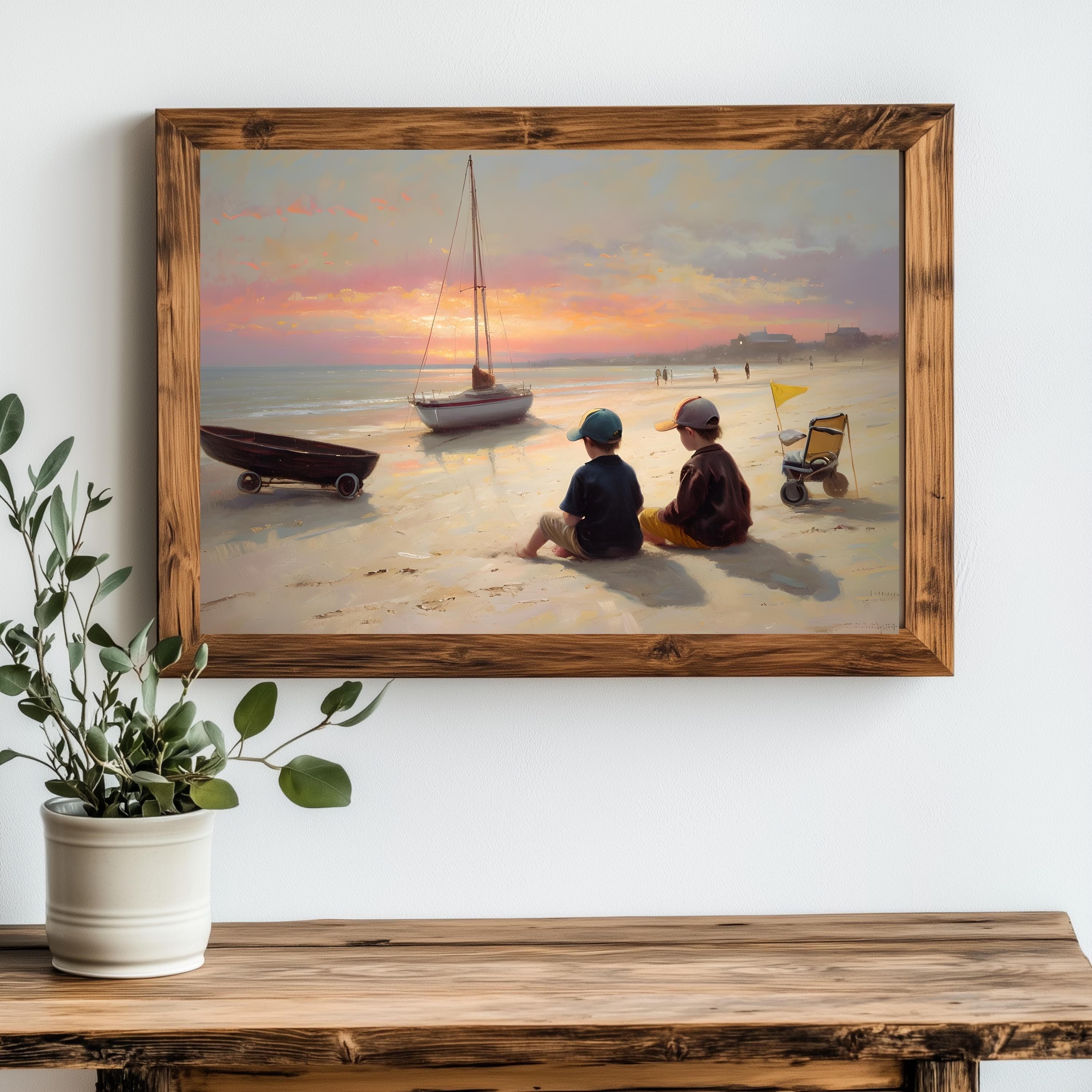 Beach Sunset Watercolor Art Print: Two Boys, Coastal Nursery Decor - image 3