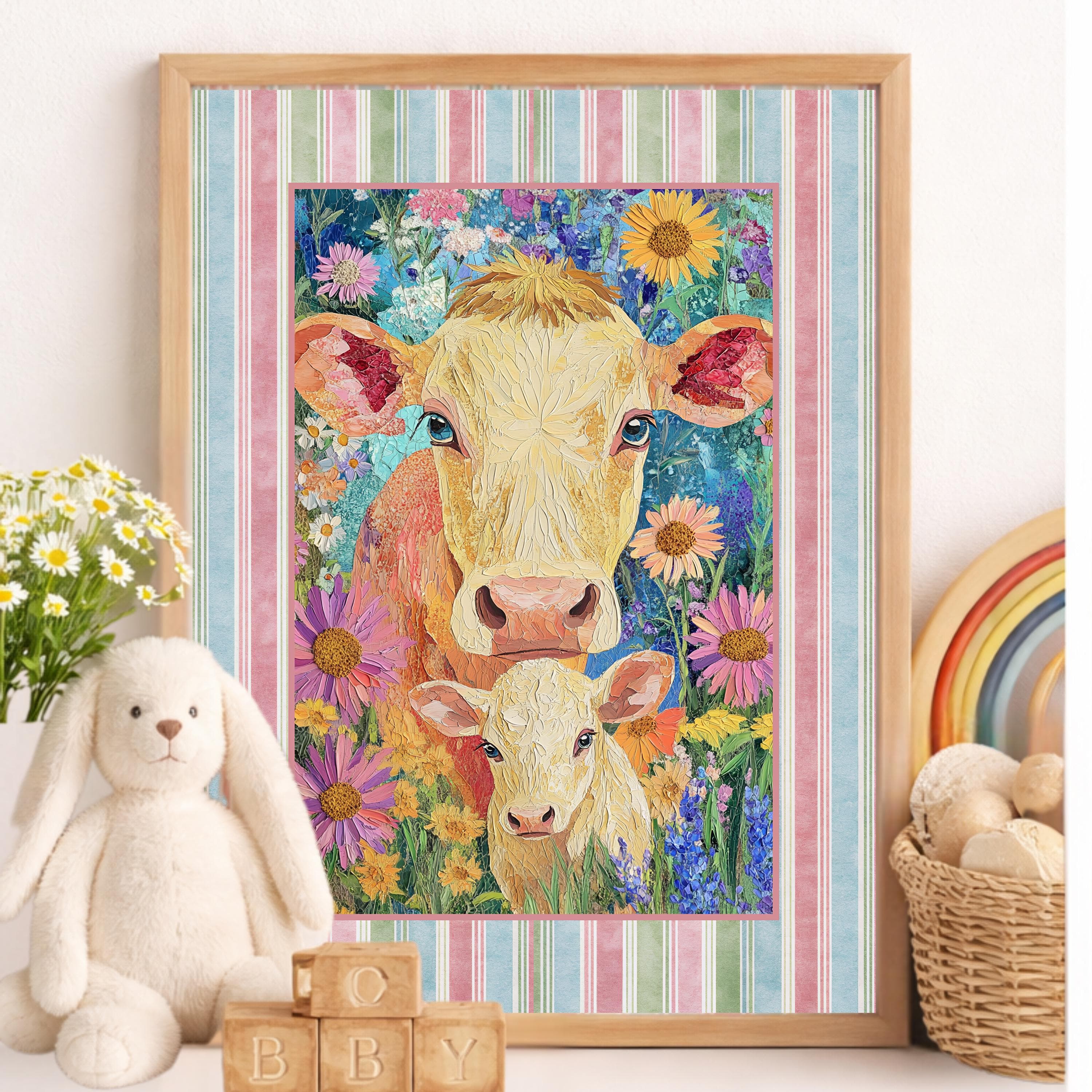 Mama Cow Calf Nursery Art | Storybook Farm Animal Print, Cottagecore Decor