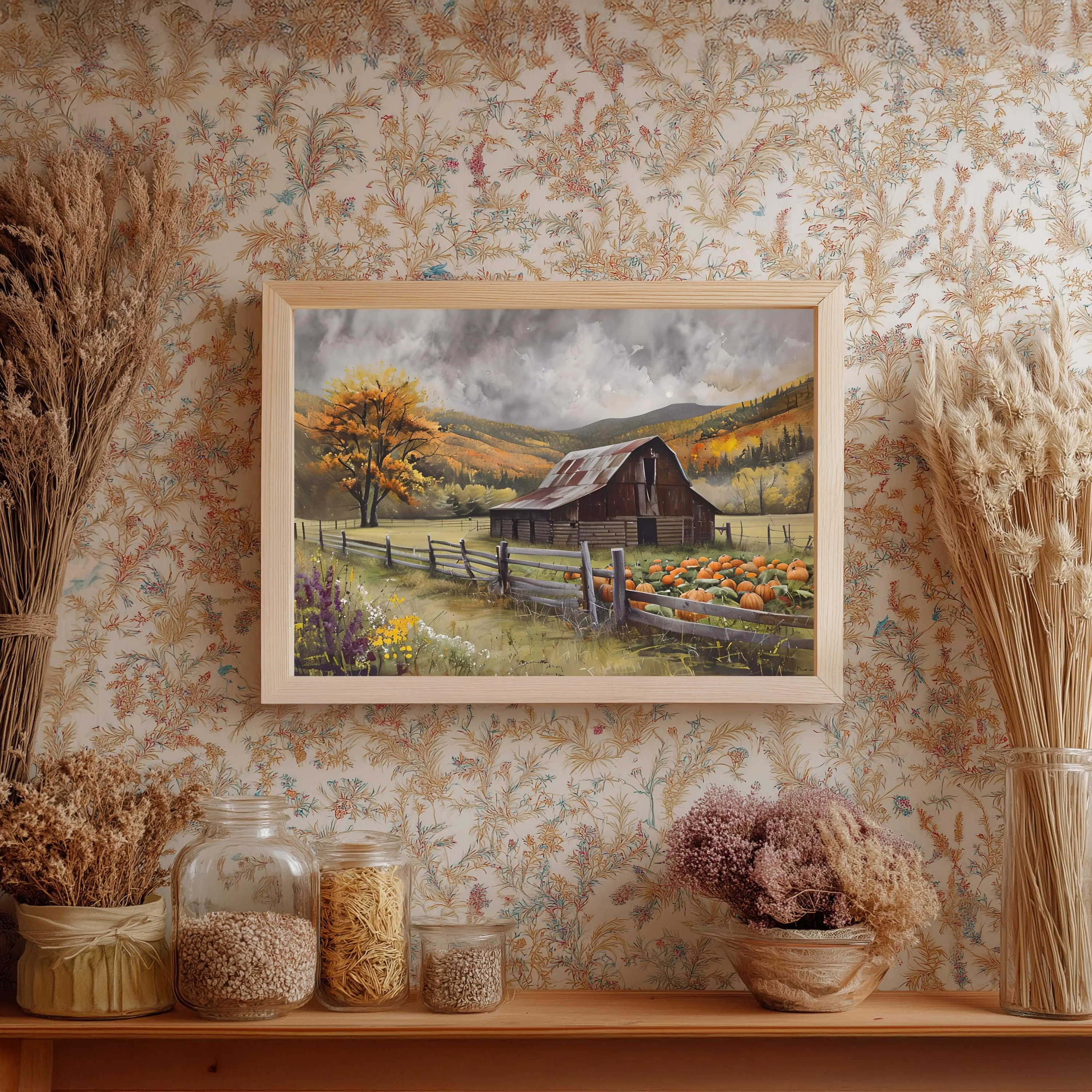 Rustic Farmhouse Autumn Landscape Art Print: Vintage Fall Decor