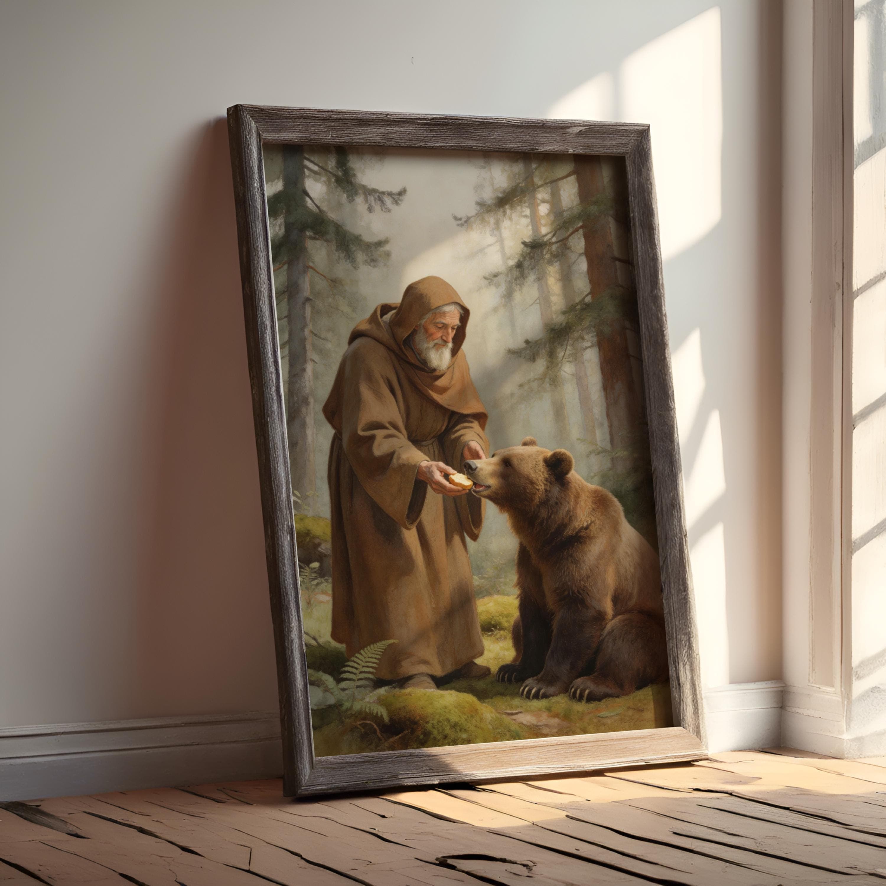 Saint Sergius Feeding Bear Watercolor Print, Orthodox Christian Forest Art - image 5