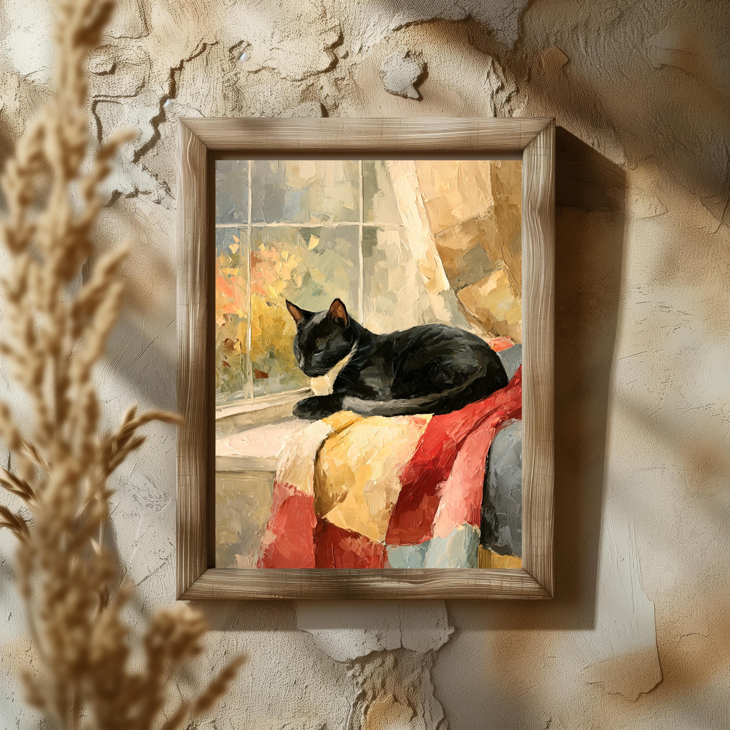 Black Cat on Quilt Print: Impasto Oil Painting, Rustic Cottagecore Wall Art - image 3